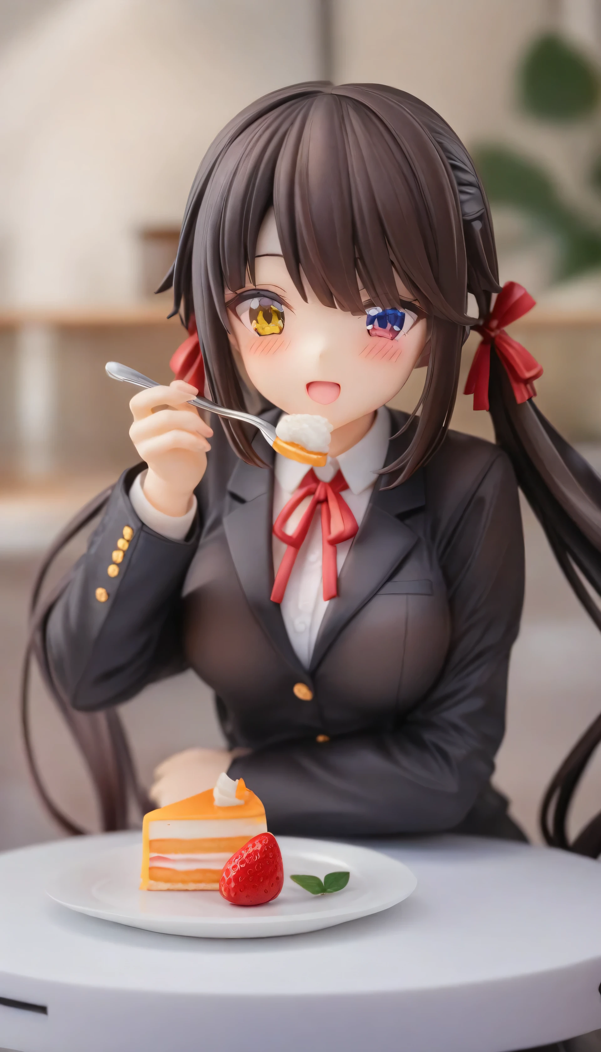 Tokisaki_hulumi, 1 girl, 独自of, 黑色of_hair, food, 红色of_Eyes, incoming_food, hair_Exceed_one_Eye, cross, feed, Open_Mouth, Smile, School_uniform, cake, watching_exist_audience, Double tail, ribbon, 长of_hair, Keep_cross, View_pass through_table, heterochromia, suit, Jacket, blush, shirt, 模糊of, exist室内, Keep, 红色of_ribbon, neck_ribbon, 黑色of_Jacket, cup, yel低of_Eyes, 白色of_shirt, fruit, 模糊of_background, sitting, 低of_Double tail, table, depth_of_site, bell_Eyes, strawberry,masterpiece, 最好of质量,
