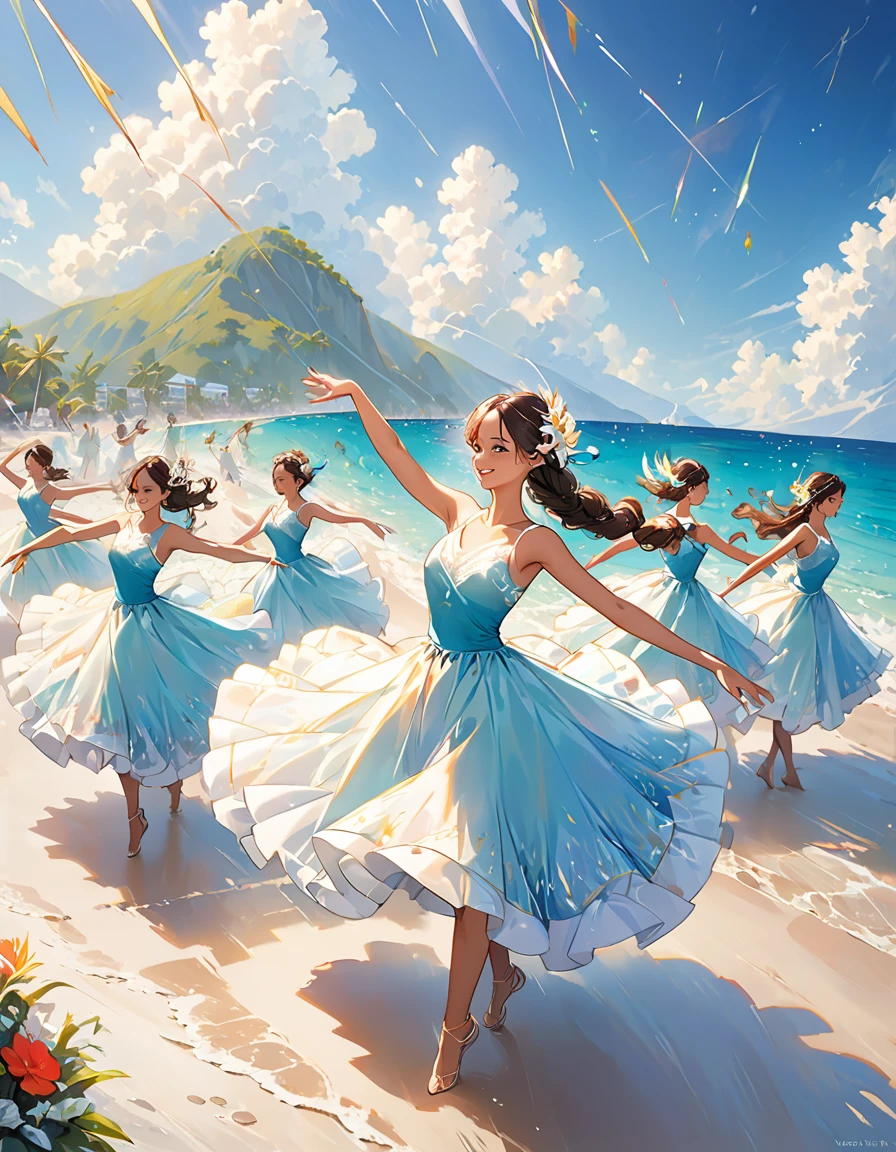 A vibrant scene on the shores of Jamaica, where a group of dynamic dancers forms a captivating procession, swaying to the rhythm of the ocean's pulse. The shot captures the full expanse of the beach, with the azure sea stretching into the horizon and the golden sands glowing in the sunlight. The dancers, exuding energy and grace, move in synchronized harmony, their colorful costumes fluttering in the breeze. The background reveals the Caribbean coastline, complementing the vibrant atmosphere of the dance.

Angles and perspectives are masterfully used to convey the sense of movement and rhythm, while every detail, from the sparkling droplets of seawater to the smiles on the dancers' faces, contributes to the dynamic and uplifting mood of the image. This captivating visual storytelling transports the viewer to a moment