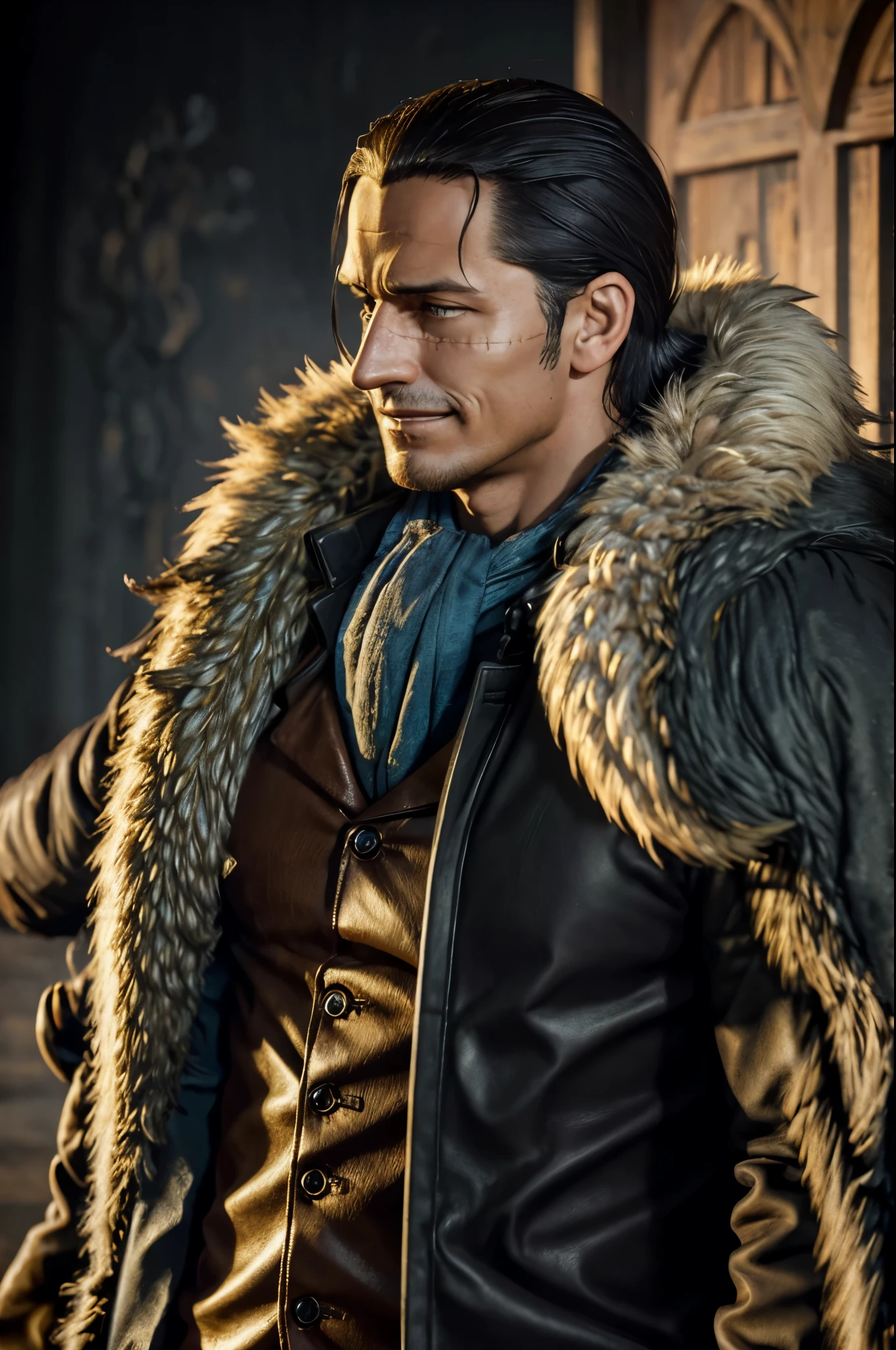 masterpiece, best quality, extremely detailed, hyperrealistic, photorealistic, a cool 40s man, ultra detailed face:1.2, fur-trimmed coat, scarf around the neck, his left hand is a golden pirate hook:1.1, sly smile, in the fog
