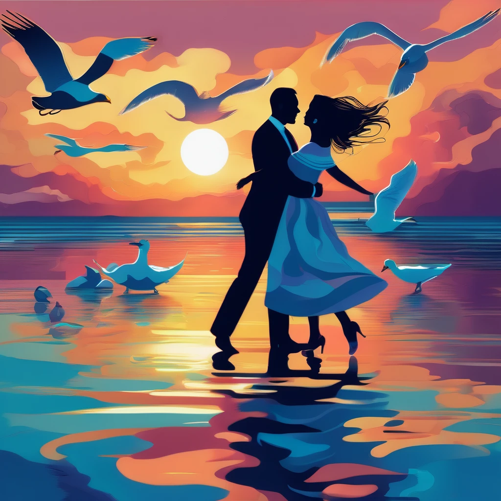 People Dancing on the Sea Surface, aesthetic, extremely detailed, (best quality,4k,8k,highres,masterpiece:1.2),ultra-detailed,realistic,photorealistic:1.37,Medium:oil painting,people dancing on the sea surface,aesthetic,colorful,expressive brushwork,windy atmosphere,dynamic poses,captivating movement,rippling waves,ethereal lighting,seagulls in the distance,twirling skirts,joyful laughter,piano music in the background,rippled reflections on the water,sunset hues,cloudy background,Tom Whalen's signature style,a masterpiece by Tom Whalen,trending on Artstation,floating feeling, and serenity,graceful and fluid movements,mesmerizing choreography,innocent and carefree expressions,endless horizon,harmony between nature and human.