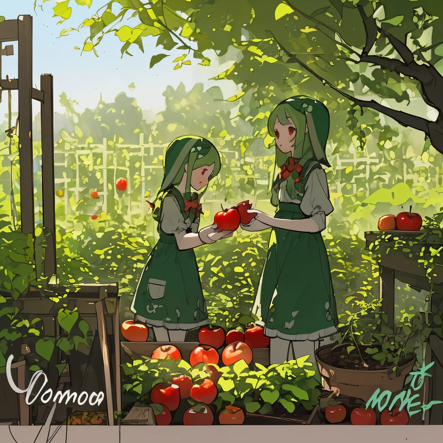 2 girls are gardening tomatoes and apples
The name of the garden is Nunaa Shop
