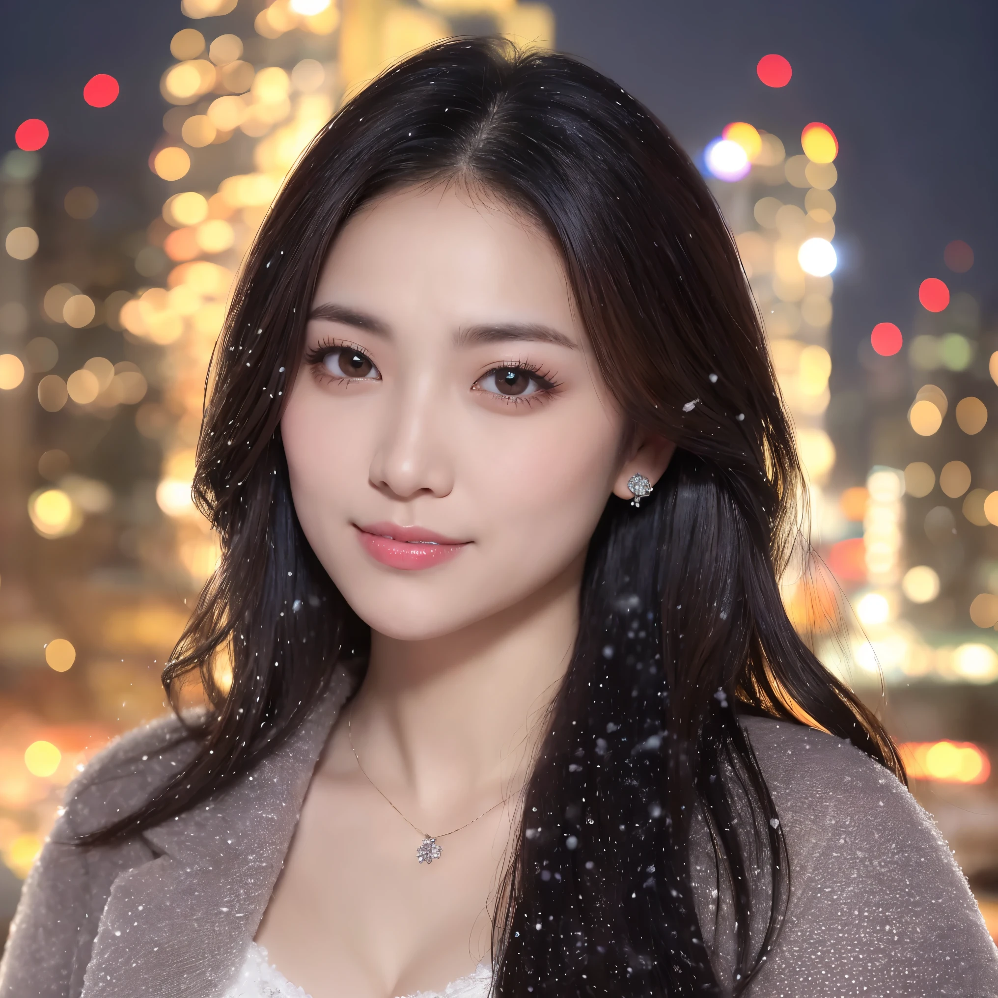 ((highest quality、table top、8K、best image quality、Award-winning work))、one beautiful woman、look at me and smile、(close up of face:1.4)、(cleavage:1.1)、(big breasts:1.1)、(Perfect and classy thick fur coat:1.3)、epic movie lighting、(romantic love feelings:1.2)、(The most romantic and moody atmosphere:1.2)、(winter city:1.1)、Snow scenery of the city:1.1)、(The snow in the air sparkles finely:1.2)、(that'It's snowing heavily:1.1)、(Tyndall effect:1.1)、(Night view of a snowy city:1.5)、Shining beautiful skin、(accurate anatomy:1.1)、Ultra high definition beauty face、long eyelashes、natural makeup、ultra high definition hair、ultra high resolution eyes、(超高解像度でShining beautiful skin:1.1)、Super high resolution glossy lips、radiant beautiful skin