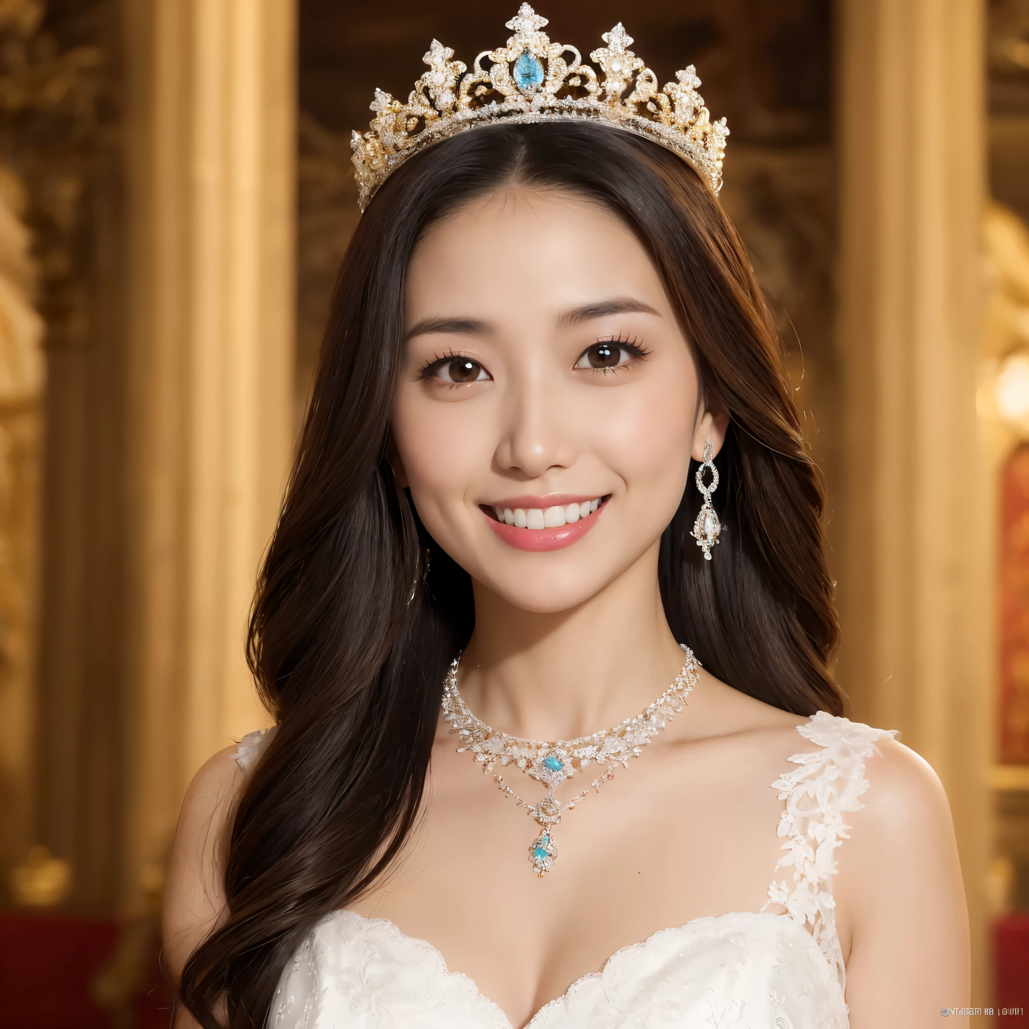 (table top、highest quality、8K、Award-winning work、ultra high resolution)、one beautiful bride、(perfect superlative huge wedding dress:1.1)、(Luxury wedding dress with plenty of jewels:1.1)、(Huge jewelery finest tiara:1.3)、(Huge jewelry finest necklace:1.3)、(perfect wedding lace:1.2)、(Look at me with your best smile:1.2)、(The most luxurious and highest quality giant tiara:1.3)、(The most luxurious and finest giant jewelry necklace:1.3)、(Show your beautiful teeth and smile big:1.1)、(the bride is in front of me、Ensure equal space at the top, Down, and left and right.:1.1)、big breasts、cleavage、emphasize body line、(upper body photo:1.1)、(wedding ceremony in a sacred and noble church:1.1)、(Highly blurred perfect background of the finest luxury church:1.1)、(elegant and gorgeous church:1.1)、accurate anatomy、ultra high definition hair、Ultra high definition beauty face、輝くultra high resolutionの美肌、ultra high resolutionの艶やかな唇、(Face facing straight ahead:1.1)、(body facing straight ahead:1.1)、(Beautiful skin that shines white:1.3)、(Stand upright facing straight ahead:1.2)、(very bright and vivid:1.3)、(very bright:1.2)、(Strongly blurred background:1.1)