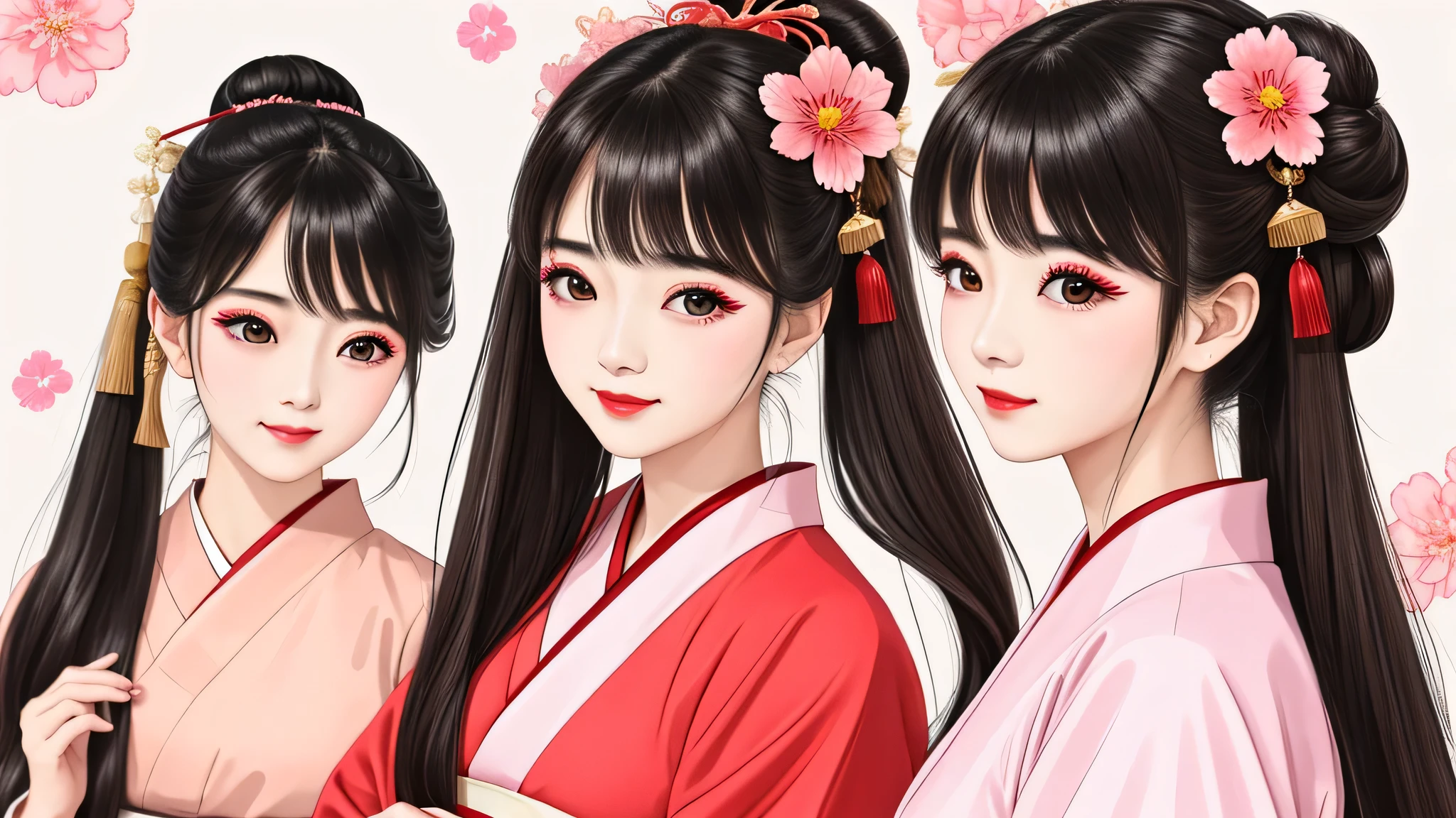 5 sisters、(5 girl)、⦅Dancing elegantly in traditional performing arts)、((big breasts、small face、not exposed))、highest quality、masterpiece、(black hair、bun hair)、brown eyes、⦅Wide-angle shooting from above the waist⦆、(4In Kn、masterpiece、High resolution、Realistic and beautiful light and shadow、(highest quality)、(High resolution)、(very delicate and beautiful)、(Beautiful 8K face)、(Close your eyes while smiling.)、(transparent skin)、(Soft bristles)、(7 head and body)、(red Japanese style yukata, pink, and orange floral pattern on a white background, mixed with gold powder、Five beautiful Japanese girl wearing yukata)、((tanabata decoration background))、((small face))、(Raise the hand)、thin and small nose、(red lipstick)、(make your cheeks red)、(Glossy skin)、((Ink painting style))、extremely thin eyebrows、Super high quality overall、(she wears maiko style makeup)、whitening、long and beautiful eyelashes、Glossy skin、(red cheeks),straight nose