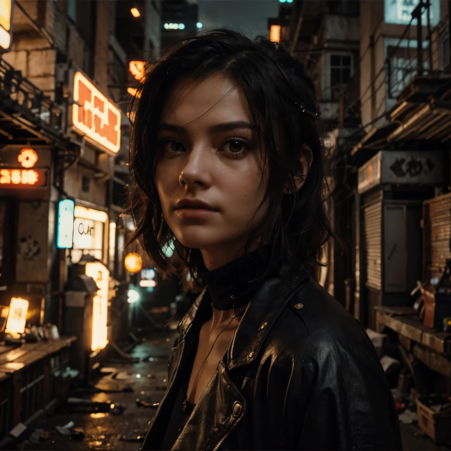 hiperrealistic art style cyberpunk woman looking toward camera in a dystopian dark backalley with some néon lights in the background