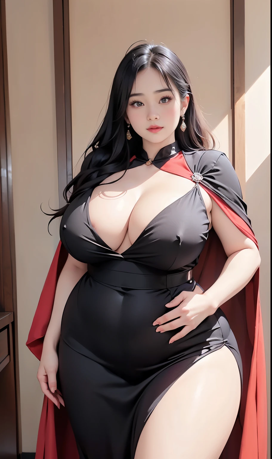 a woman in a black dress and cape posing for a picture, with cape, mighty plump female sorceress, bbwchan, thicc, japanese goddess, she has a jiggly fat round belly, dressed in a beautiful red cloak, seductive and powerful, giant stunning goddess shot, well-endowed, bright red cape on her back