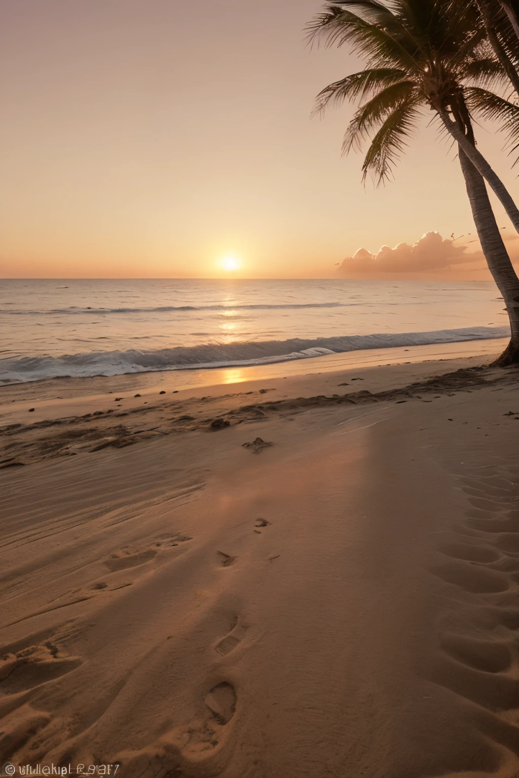 Generate an AI-generated image capturing the serene ambiance of a beach at sunset, depicted from a straight-angle perspective with no human figures or palm trees present. The focus should be on the sandy foreground, displaying its intricate texture and patterns under the warm, golden glow of the setting sun. The sand should extend into the distance, leading the viewer's gaze towards the horizon where the ocean meets the sky in a vibrant display of colors. The composition should convey a sense of tranquility and relaxation, inviting viewers to lose themselves in the tranquil beauty of a beach sunset.