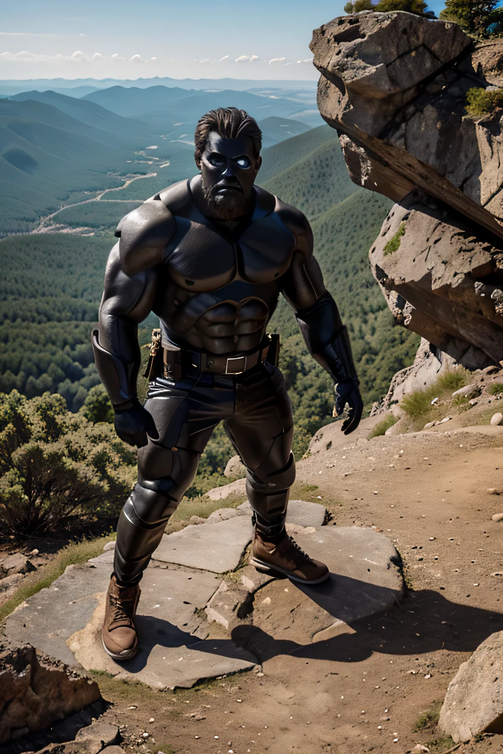 create a cyclops, talla grande, standing on a mountain and with a rock in his hands
