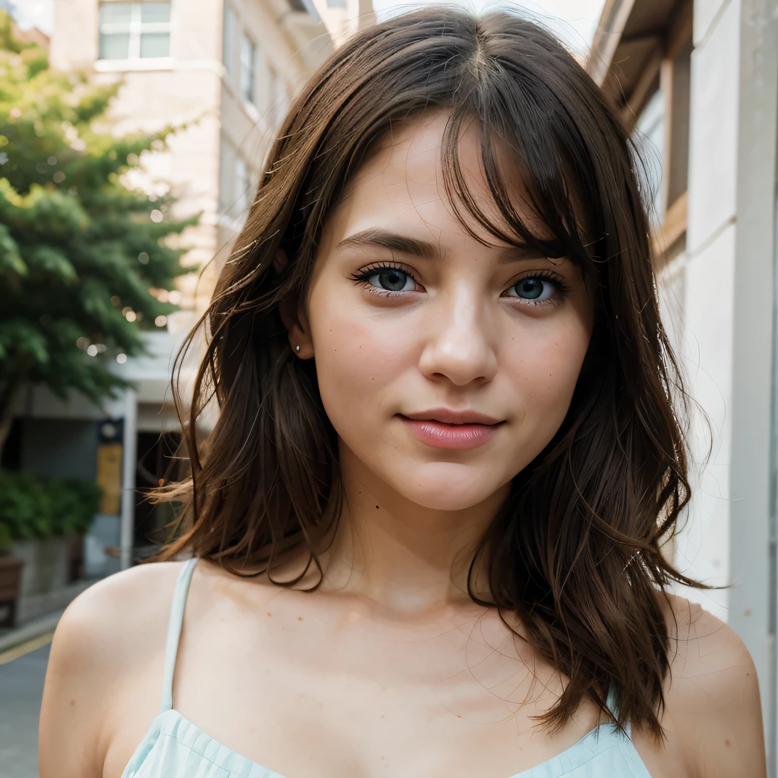 RAW, photograph,((best quality)), ((masterpiece)), ((realistic)), Create an image of a cute, unique female face. The face should have gentle, engaging features with a soft, welcoming smile. The eyes should be large and expressive, with a hint of sparkle, set above a small, slightly upturned nose. Her hair should be wavy and flow gently around her face, framing it beautifully. The overall impression should be one of warmth, uniqueness, and approachability. The image should capture a sense of individuality, suggesting a character with a friendly and creative spirit. The background should be a soft, muted color to keep the focus on her face. white straight hair bright blue eyes narrow nose bridge, high detail, sharp focus, smooth, aesthetic, extremely detailed, photo_\(ultra\), photorealistic, realistic, post-processing, max detail, roughness, real life, ultra realistic, photorealism, photography, 8k uhd, photography