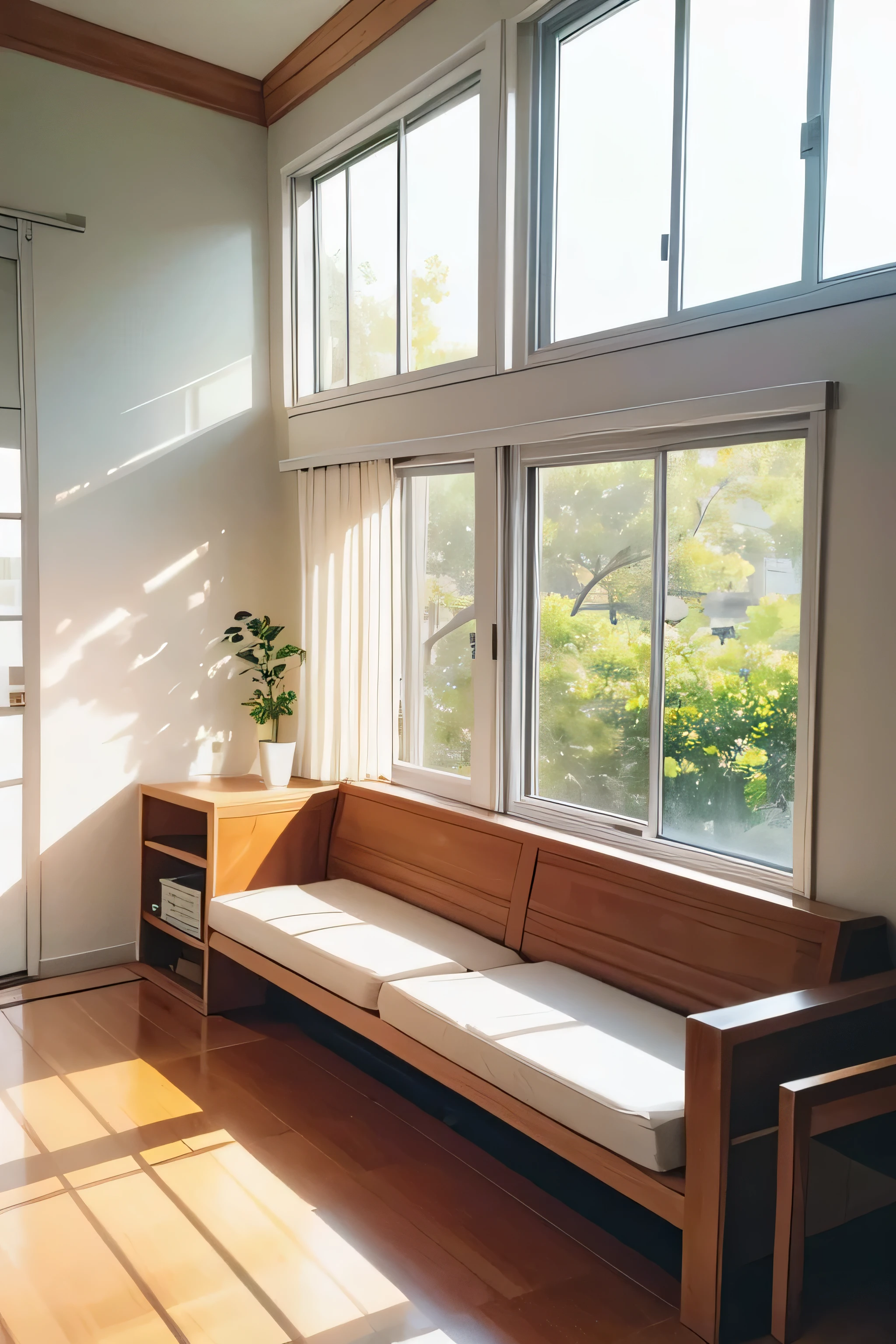
anime style illustration, Morning light, asian style living room, White balcony, white wall, white floor, White window sill, White Bookcase, wood style table, orange wooden chair, peaceful time, tree outside the window々, sunlight filtering through the trees