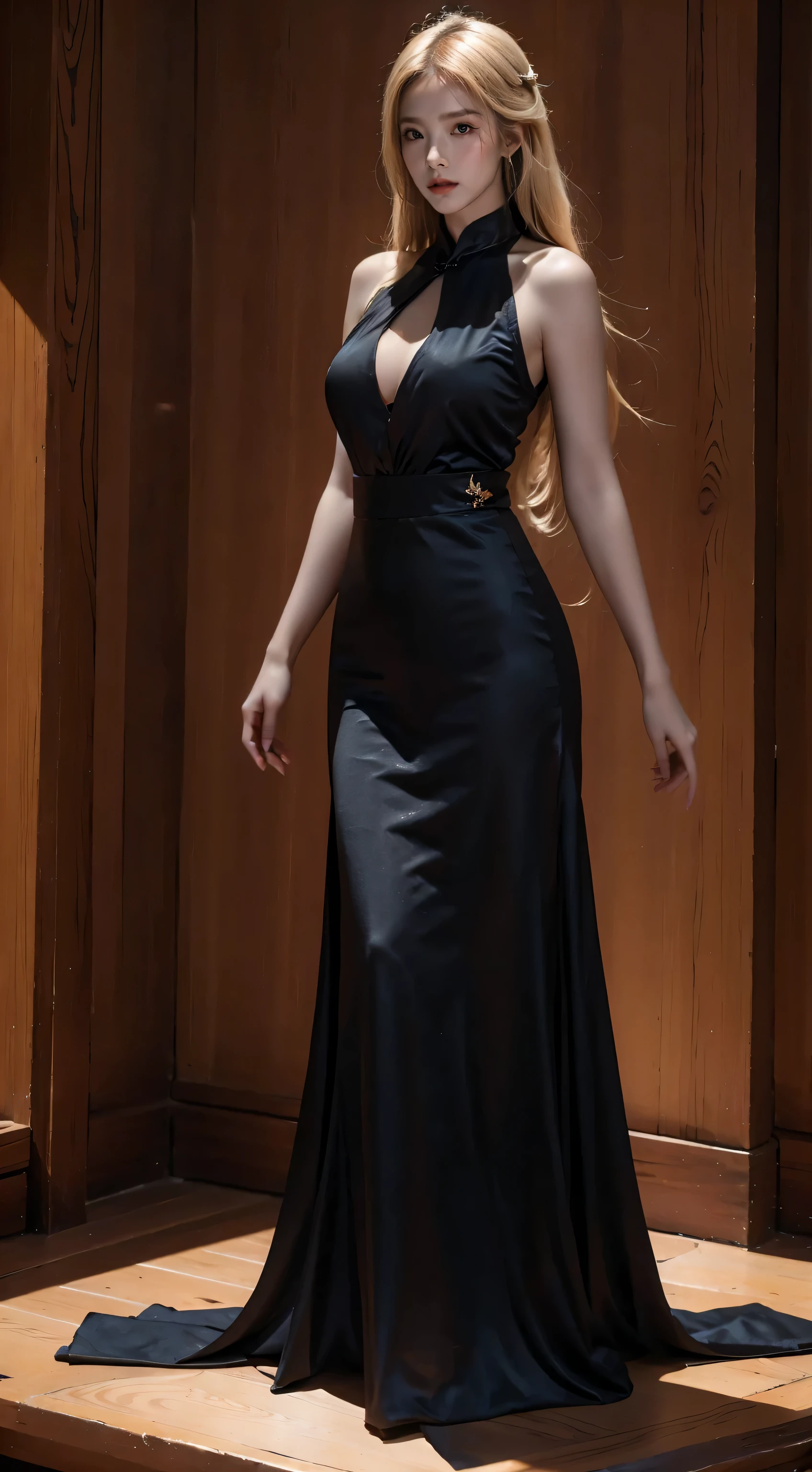 best quality，masterpiece，ultra high resolution，（lifelike：1.4），original photo，1 girl，blond，blue eyes，Detailed eyes and face，Black silk cheongsam，（skirt：1.3），dynamic lighting，in the darkness，deep shadow，low profile，Cowboy full body photo，Princess，miss，Fairy tale，Fair，full body pictures，8K