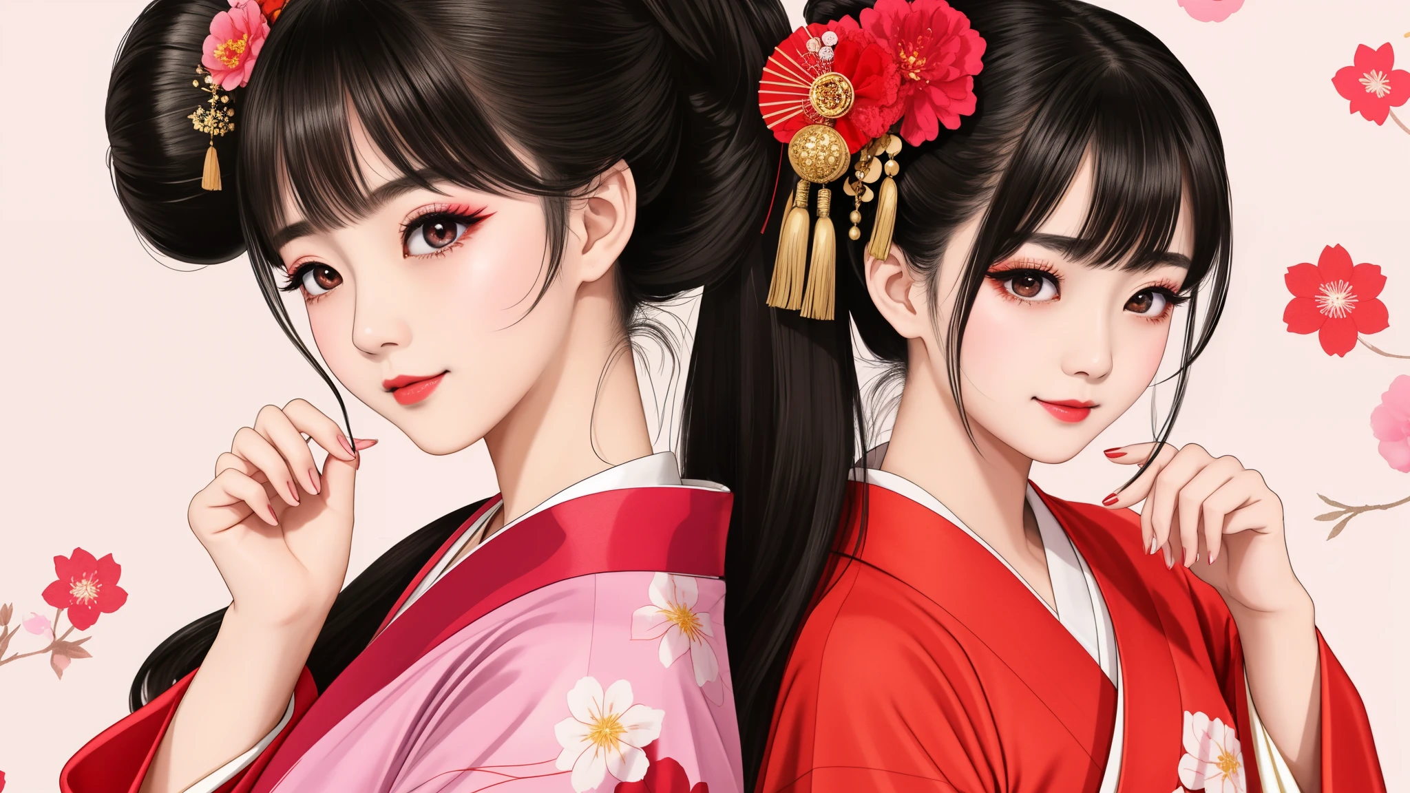 5 sisters、(５ girls）、｟Dancing traditional performing arts gracefully)、((big breasts、small face、not exposed))、highest quality、masterpiece、（black hair、Bun Hair）、brown eyes、｟Wide-angle shot from above the waist｠、(４In K-n、masterpiece、High resolution、Realistic and beautiful light and shadow、(highest quality)、(high resolution)、(very delicate and beautiful)、(beautiful 8k face)、(Close your eyes while smiling.)、(Transparent skin)、(soft hair)、(7 head and body)、(Japanese-style yukata kimono with red, pink, and orange floral patterns on a white background, mixed with gold powder、Five beautiful Japanese girls wearing yukata)、((tanabata decoration background))、((small face))、(arms up)、thin and small nose、（red lipstick）、（make cheeks red）、（Glossy skin）、((Ink painting style))、extremely thin eyebrows、Overall super high quality、（She wears maiko-style makeup）、Whitening、long and beautiful eyelashes、Glossy skin、（red cheeks）,straight nose