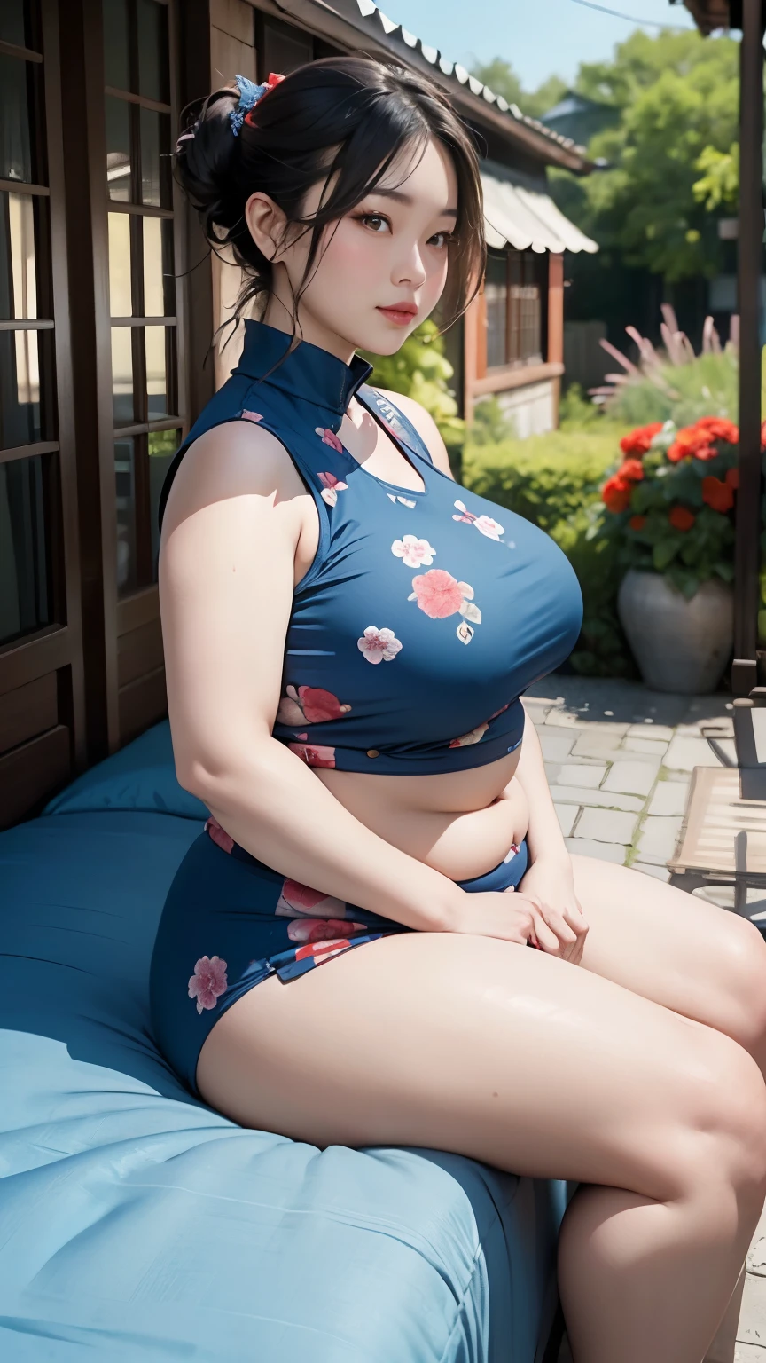 ((中景 the scene is,A full body))1 girl, Obese body, generous dimensions, face round, double chin, Overweight,Short hair tied up ,Sleeveless blue and red floral shirt,Highlight the breasts,Put her weight on her stomach,looks into camera,Country garden background,ssmile,
