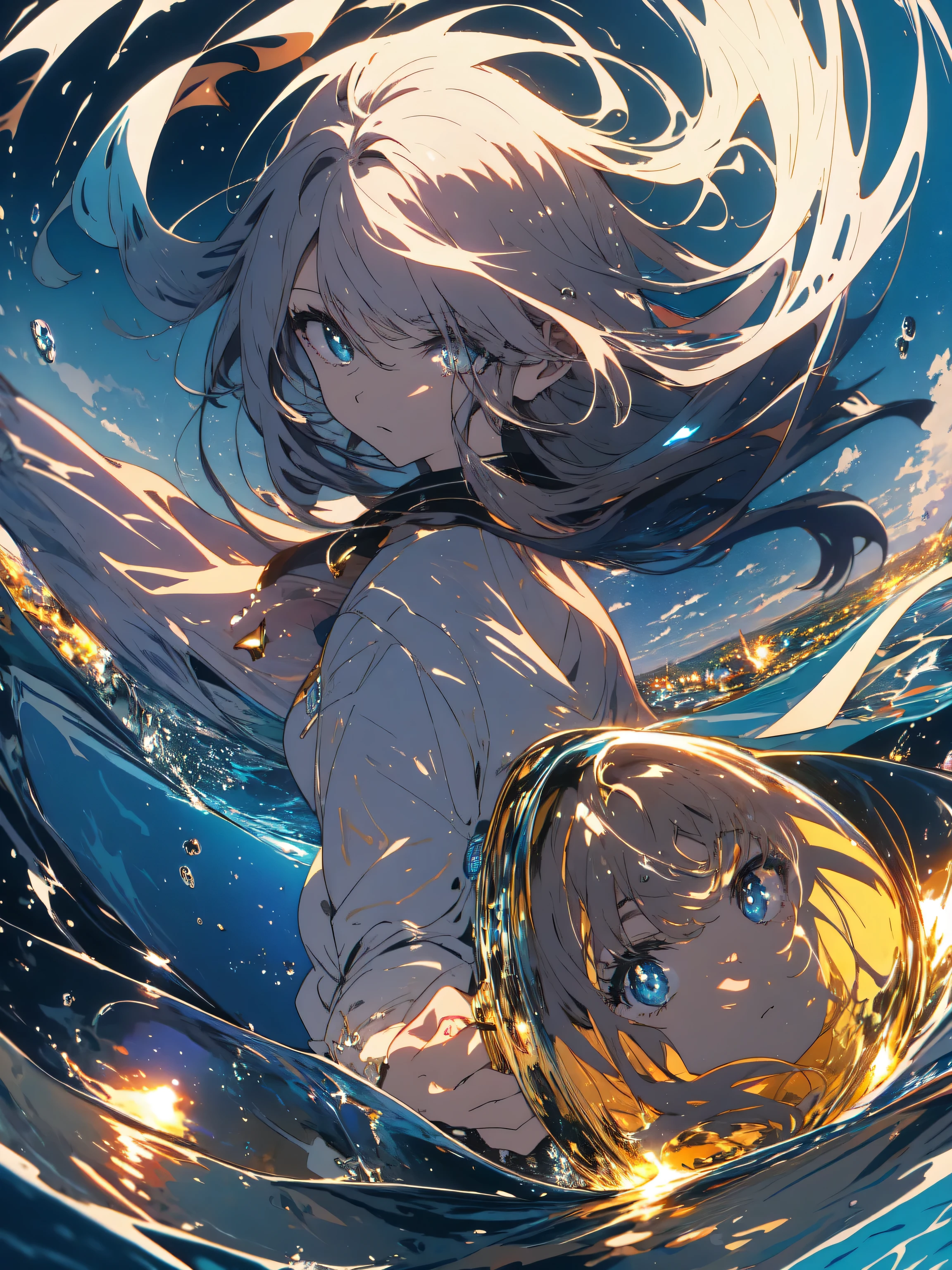 (highest quality、masterpiece、High resolution、be familiar with),(shining eyes、be familiar with美しい顔),1 girl,In a big bottle with a lake in it,floating,wonderful、beautiful anime