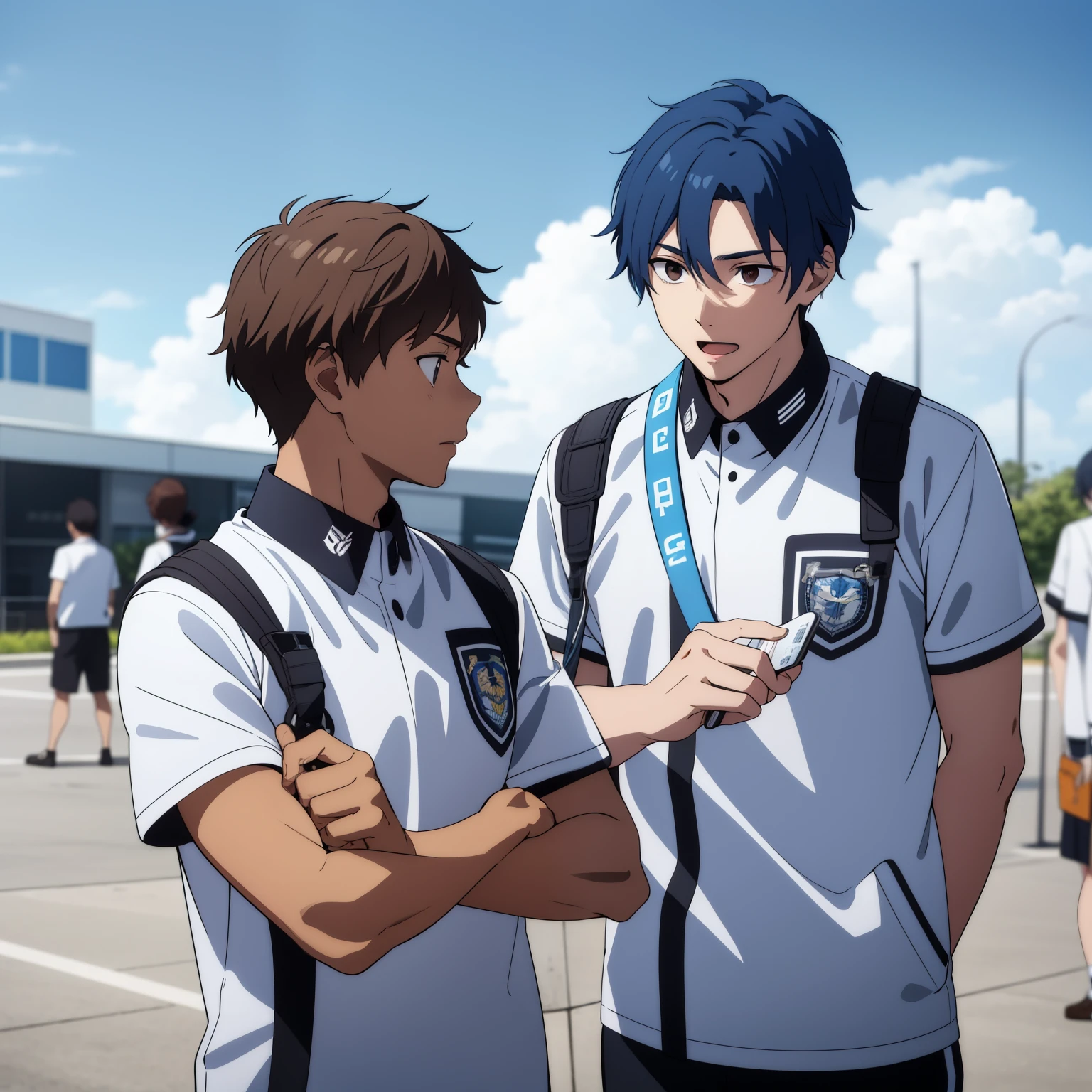 -yelds wbrown Latin skin and bright blue hair , are in high school wearing white uniforms, hablan preocupados sobre algo importante