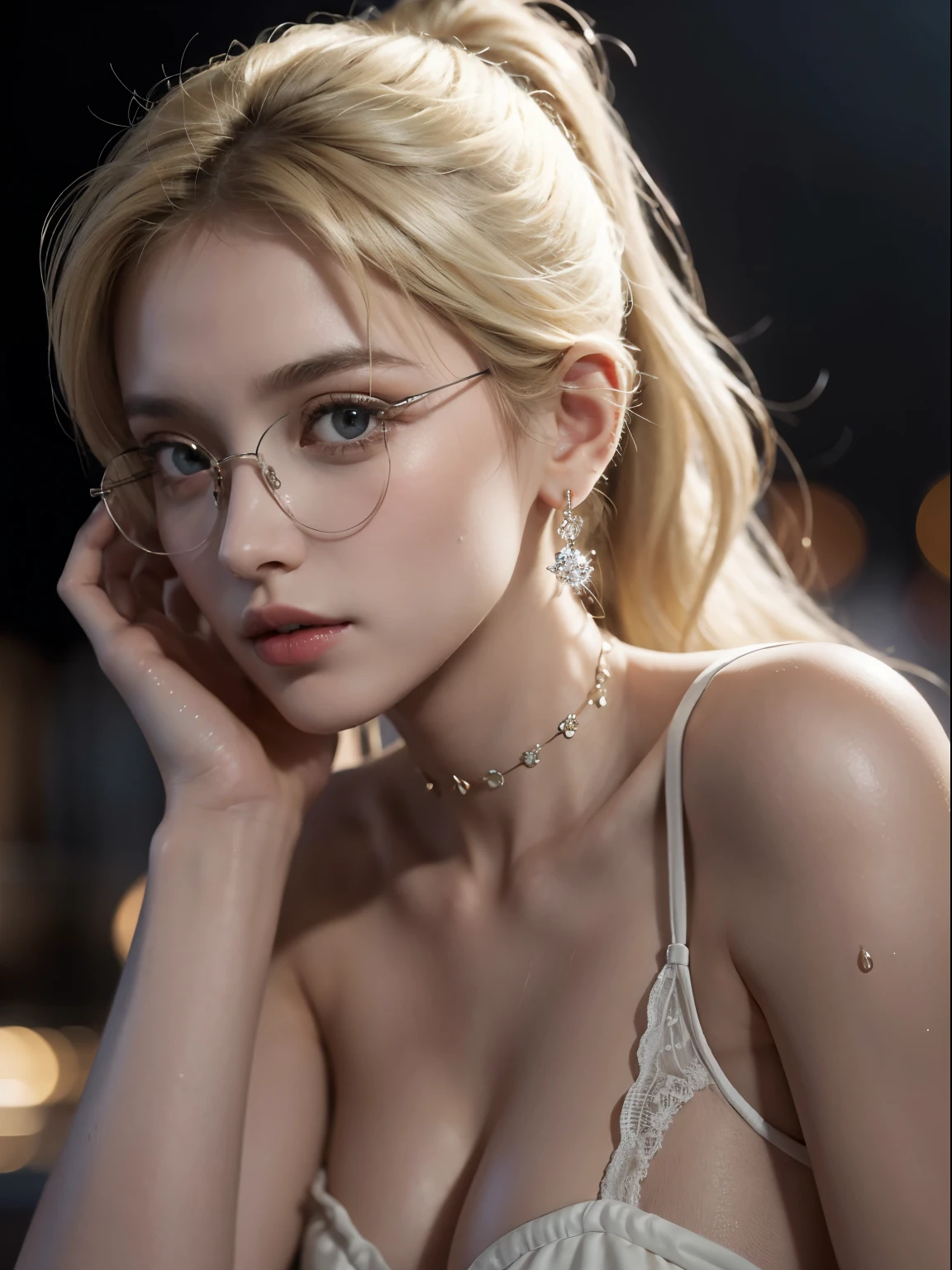 from side, hip up,((addielyn)), side pose, Random posture, night time, (An extremely delicate and beautiful work), (masterpiece), 1girl, streetwear, highly detailed, ponytail, charming expression, beautiful and clear eyes, (large breasts), ((blond hair:1.4)), wet hair, detailed hair, close up, ((well-baranced and beatifulthighs)), (choker, glasses), delicate earrings, simple blurred background, extreme detail description, beautiful, charming, ultra-fine painting, delicate face, delicate figure, Fine collarbones, lovely lips, soft behind, mix4,(8k, RAW photo, best quality, masterpiece:1.2), (realistic, photo realistic:1.37),1girl,cute,cityscape, night, rain, wet, professional lighting, photon mapping, radiosity, physically-based rendering, above waist, Rim lighting