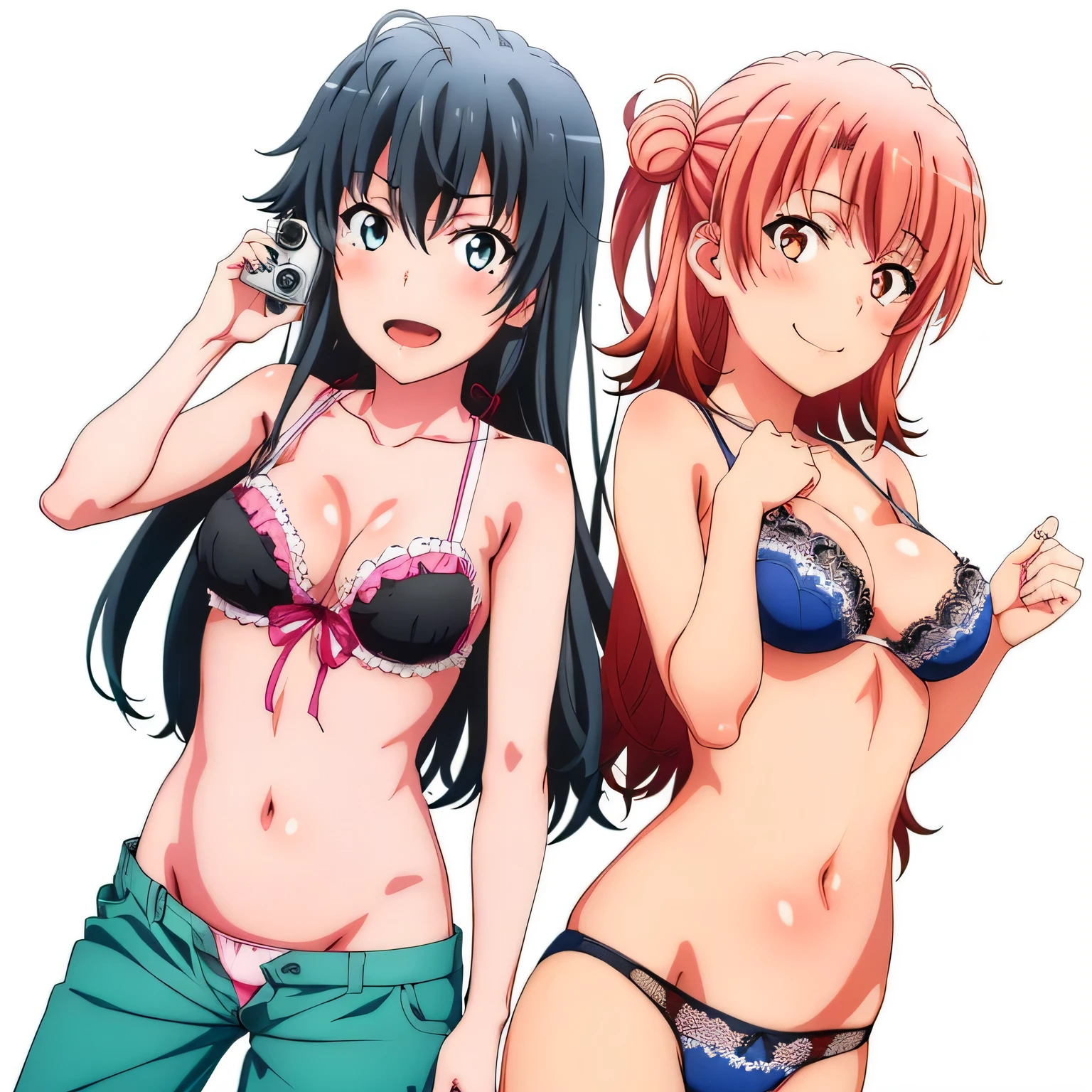 2 girls , Yukinoshita Yukino , yuigahama yui'the bust is amazing,In underwear,close your face,(white panties:1.0),(red ribbon on pants),(pink panties),pussy cameltoe,thighs,(high angle:1,0),beautiful eyes,open your mouth,smile,look at the camera,camera up to head