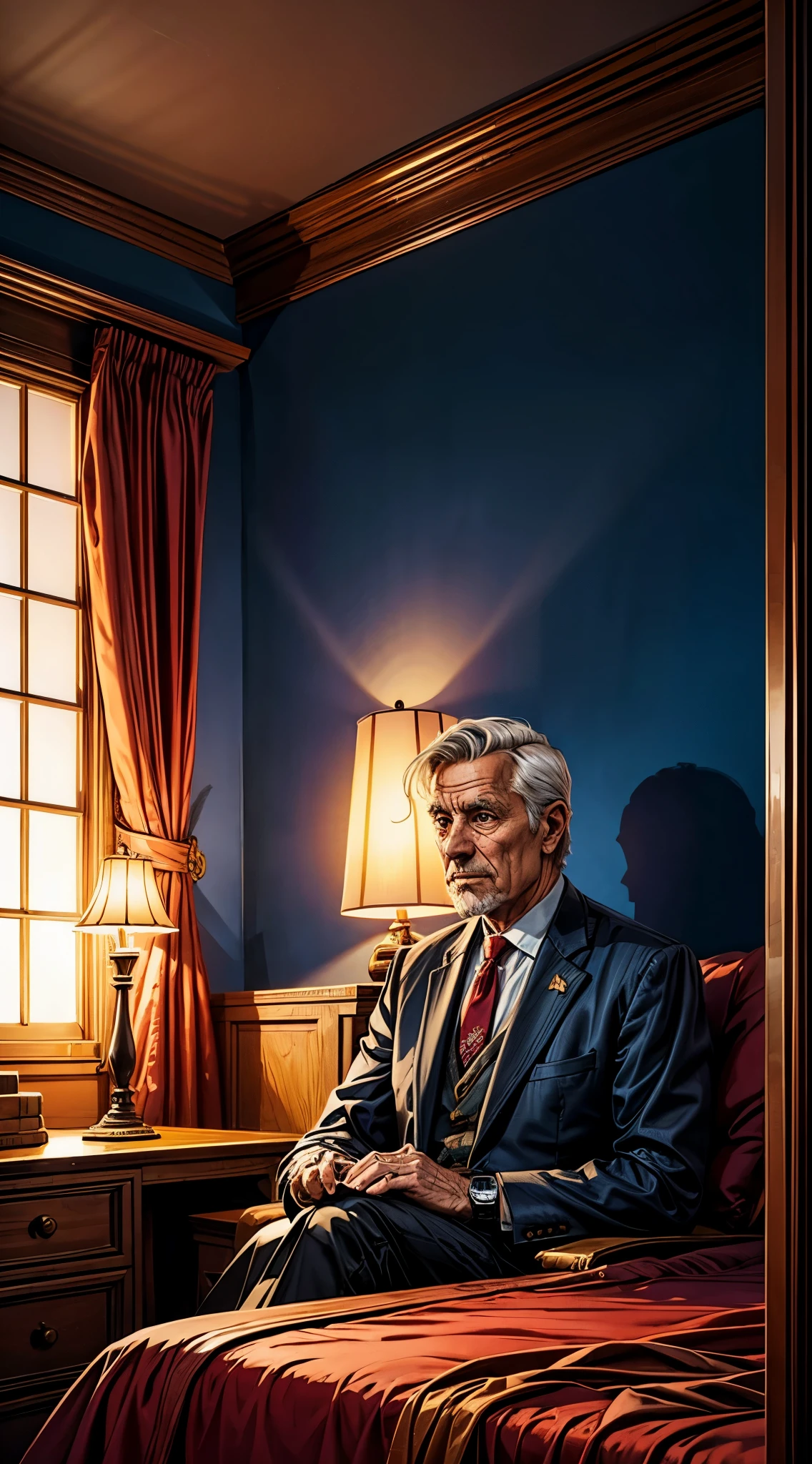 An older man in a suit sits on a bed, looking at his watch. The word, is written on his watch. The room has a window, a lamp, and a painting on the wall.