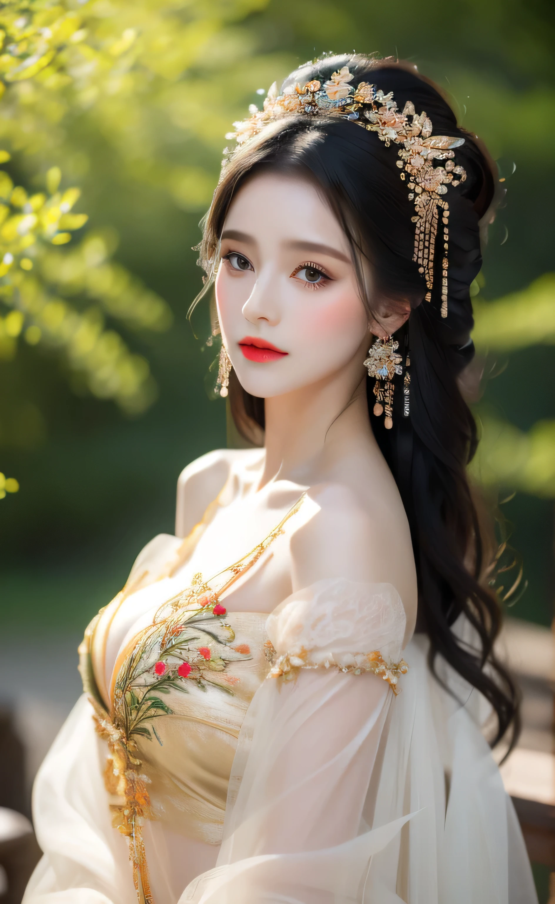 （high quality、top quality、realism、unified 8k：1.5）masterpiece，Highest resolution，a girl，big breasts ,perfect face，Body facing camera：1.3，eyes with details，Sexy，noble，pretty face，hair details，The texture of the details：1.1，Translucent effect：1.3，Gorgeous Hanfu：1.2，translucent clothes：1.4，Flower embroidery：1.1，translucent body，take off shoulders，Suspenders，V neckline，The clothes were disturbed by the wind，split，silk，Clothing that fits snugly to the body，soaked clothes：1.3，long black hair，Chinese hair accessories，thin waist，blurred background，depth of field