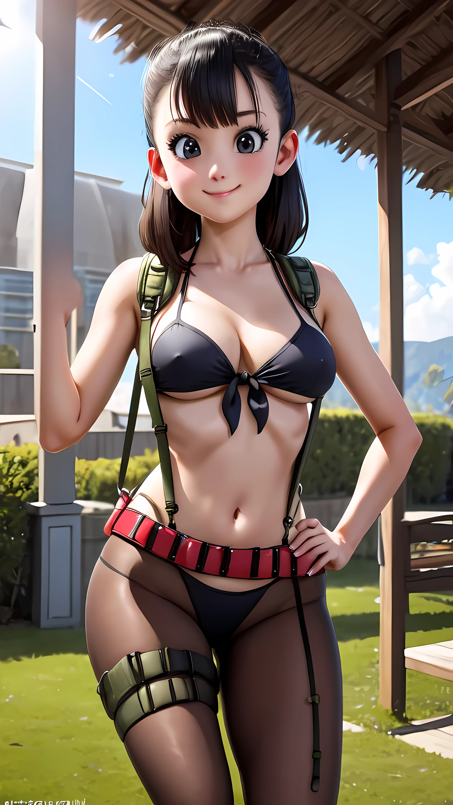 (Photo:1.3), highdetail, Chi-Chi, 1girl, solo, Smile, (acclaimed, alluring, captivating, exciting, gorgeous, striking:1.3), (trending on artstation:1.3), bikini, front-tie top, suspenders, thigh holster, torn pantyhose, 