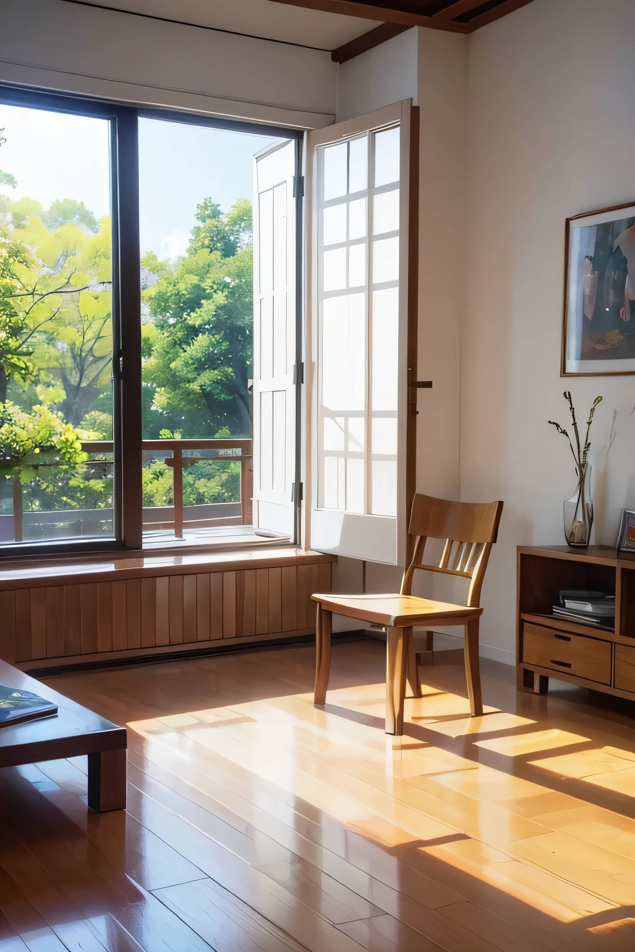 anime style illustration, Morning light, asian style living room, White balcony, white wall, white floor, White window sill, White Bookcase, wood style table, orange wooden chair, peaceful time, tree outside the window々, sunlight filtering through the trees