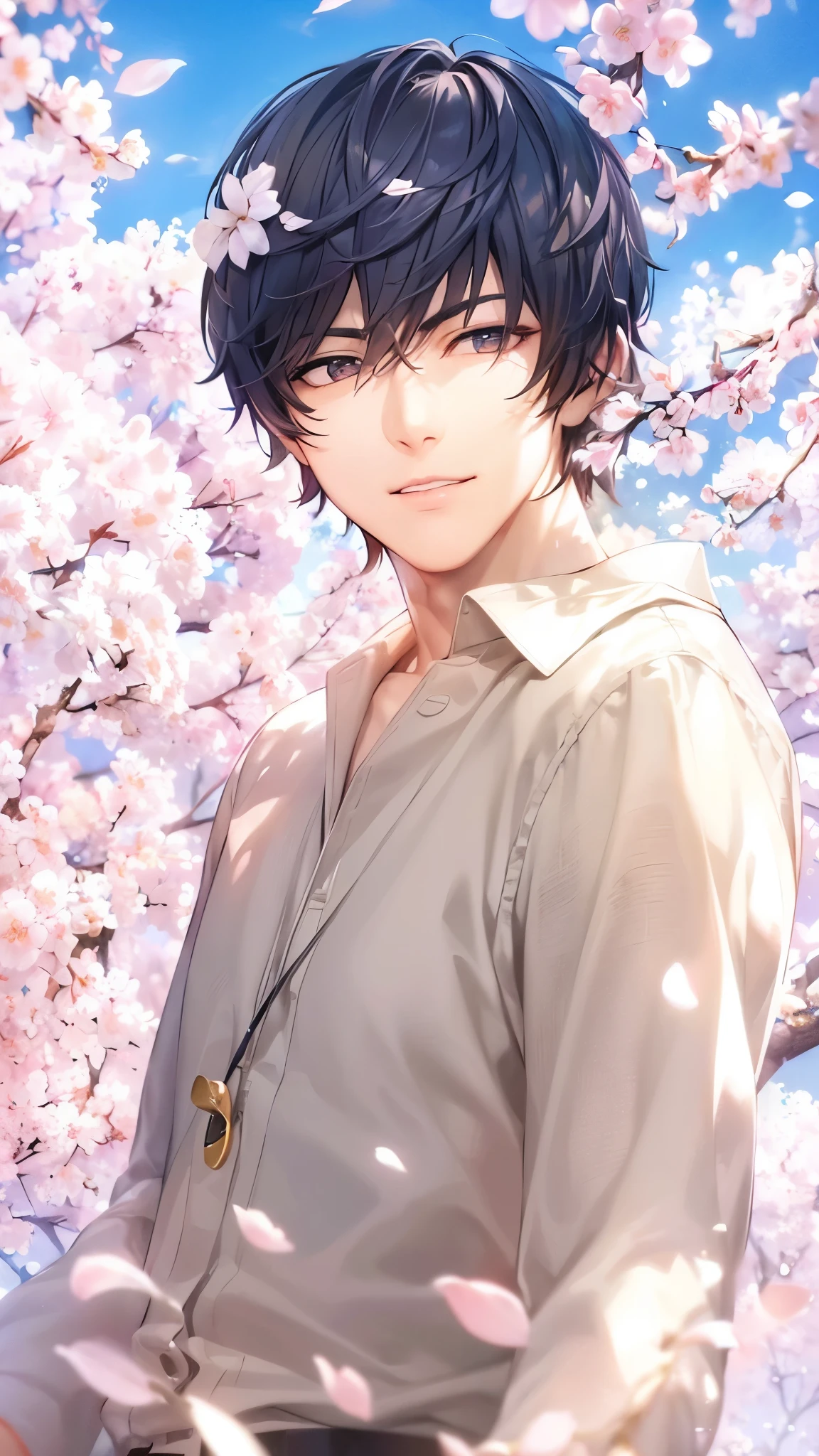 a handsome guy、serious expression、please close your mouth、cherry blossoms、cool look、Highly Detailed CG Unity 8K Wallpaper, (super masterpiece, beautiful person, well detailed face polluted smile, It's photorealistic, hyper realistic)cool and cool face