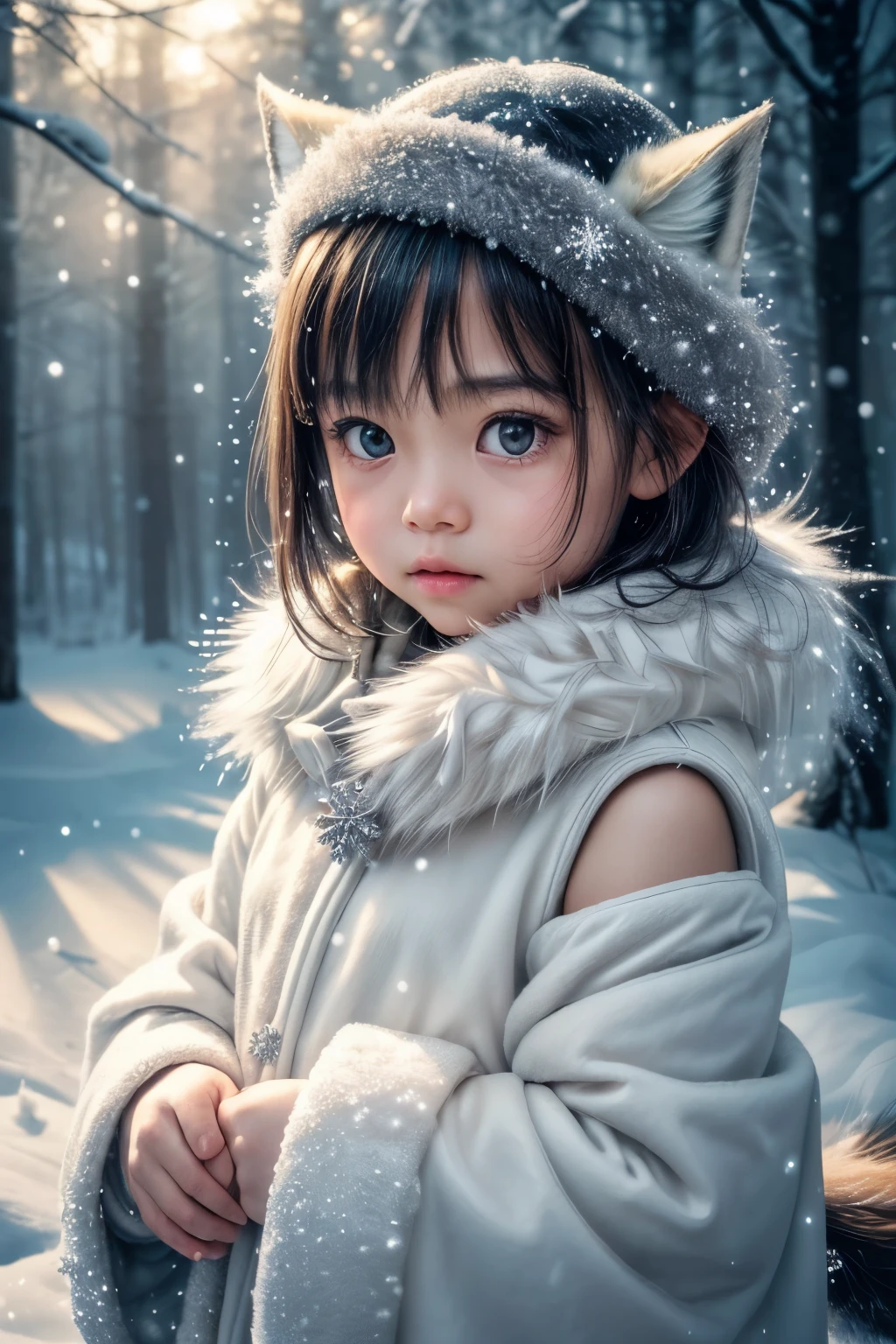 (raw photo:1.2), (photorealistic:1.4), (best quality:1.4), (ultra highres:1.2), (high detail:1.3), (HDR:1.2), (cinematic lighting:1.3), (*********** ), (4 years old), (asian girl), (shoulder length hair), (short hair), eye detail ), (detailed facial features), (fur detail), (snowy background:1.2), cute little fox, standing pose, ( 3/4 body portrait:1.2), (fluffy tail:1.2), (soft fur:1.2) , (adorable:1.2), (looking at the viewer), (innocent expression), (soft lighting), (dreamlike), ( fantasylike:1.3), (ethereal:1.3), (magic:1.2), (dream forest), (snowflake:1.2), (winter wonderland:1.3), (strange:1.2), (playful: 1.2).