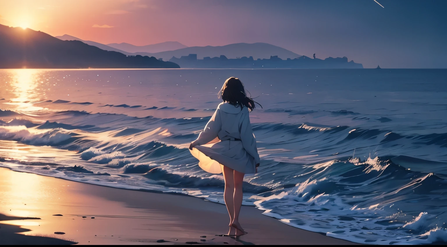 ((masterpiece, highest quality)), at night, thin clothes, girl, put one foot in the sea water with only toes, girl standing, girl sideways, girl between the horizon and the sea, looking from the side, ripples spread from the toes, the scene is about 20 meters away, above the sea, at night, the whole scene shines, there is a meteor shower