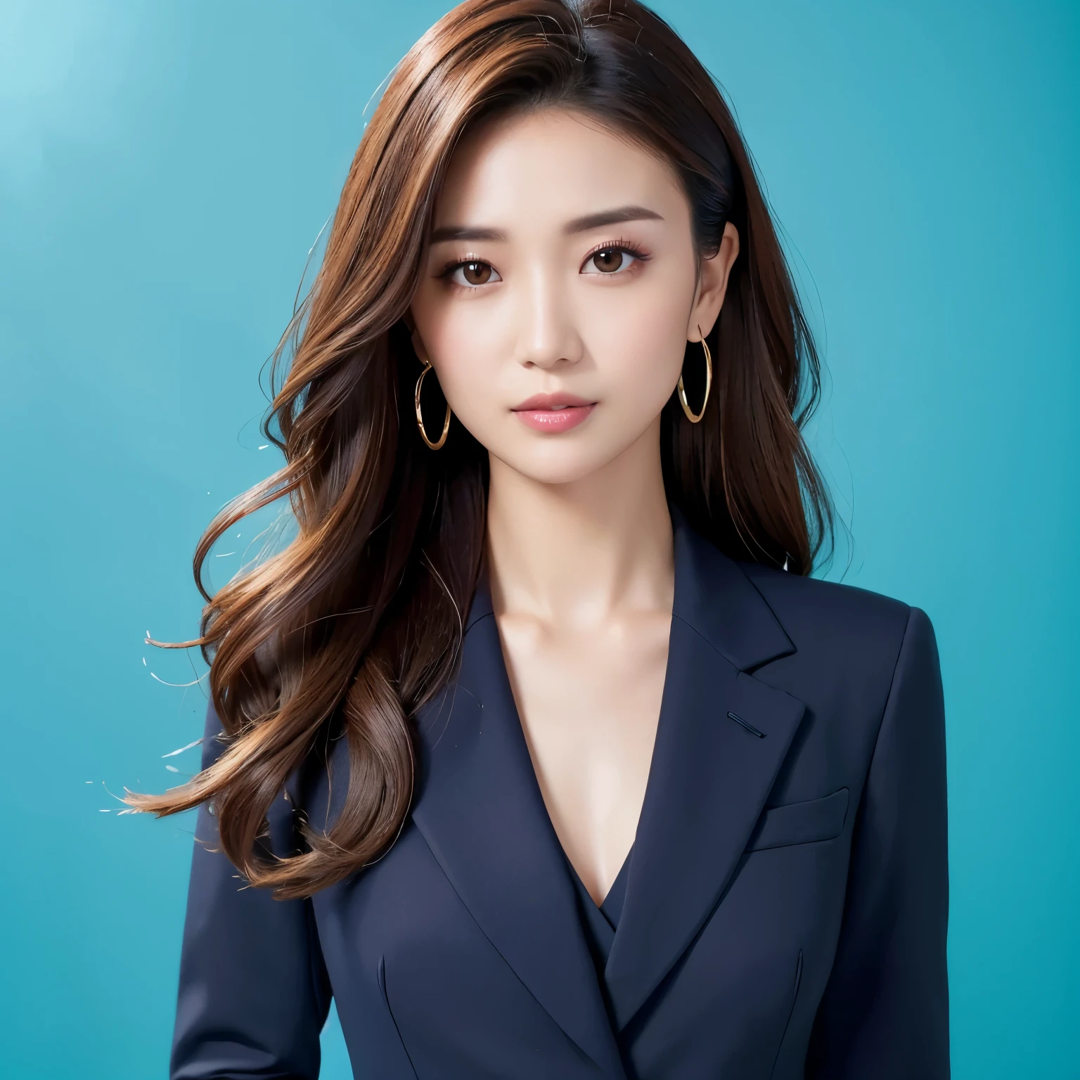 (highest quality、table top、8K、best image quality、Award-winning work)、1 beautiful woman、straight medium hair、(perfect dark navy suit:1.4)、(The most accurate and natural business suit:1.4)、Polyester shirt、emphasize body line、perfect composition、beautiful and detailed eyes、look at me and smile、(Photo above the chest:1.2)、(a woman perfectly centered:1.1)、(Please look at me:1.1)、elegant makeup、Ultra high definition beauty face、ultra high definition hair、Super high-definition sparkling eyes、Super high resolution glossy lips、accurate anatomy、very beautiful skin、Super high-definition glowing beautiful skin、(solid blue background:1.3)、(Stand upright facing straight ahead:1.3)、(accurate anatomy:1.1)