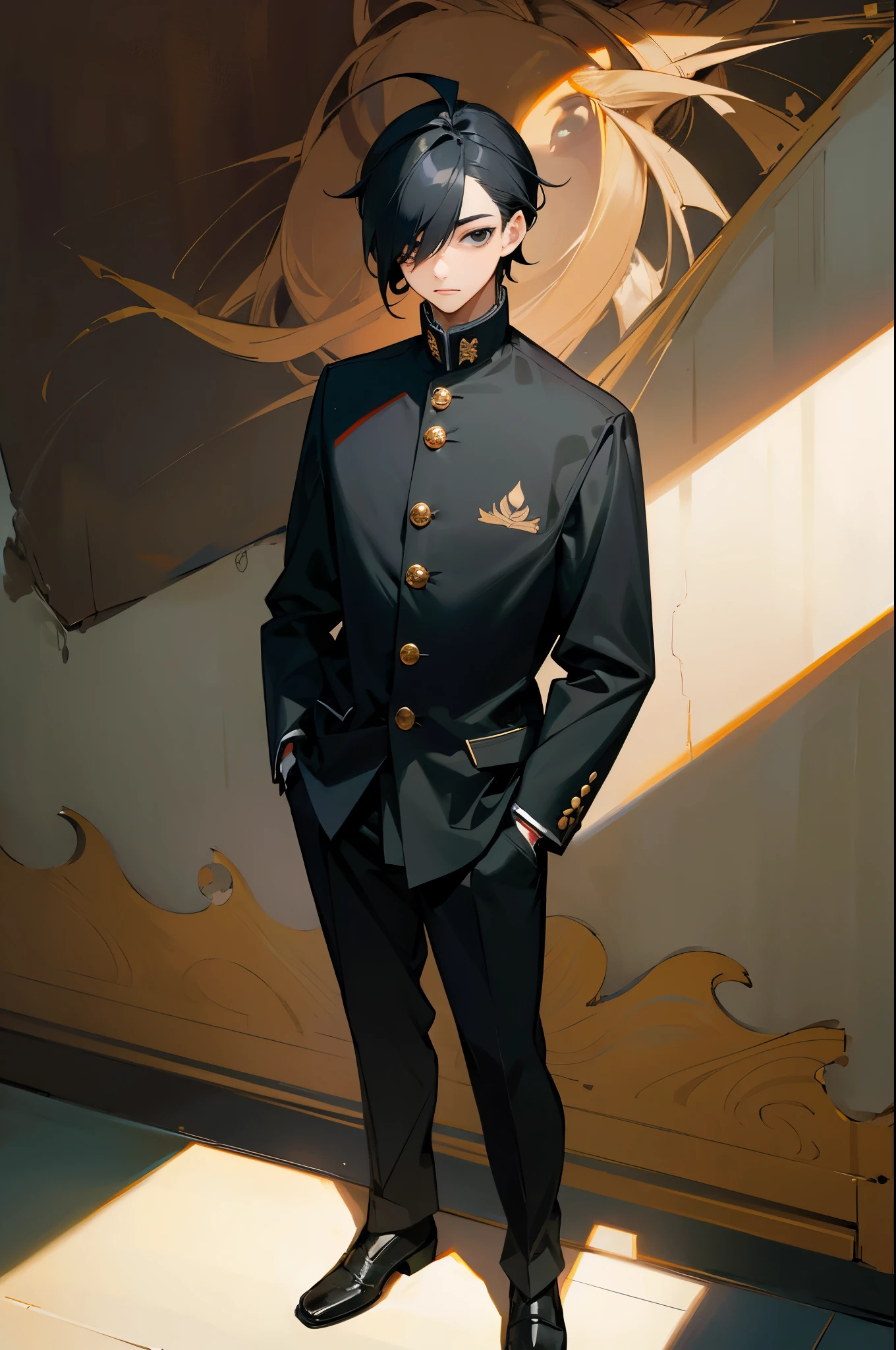 (masterpiece:1.2), best quality, intricate, stunning, extremely detailed, absurdres, illustration, cinematic shot, high school boy, tall, athletic, detailed face, detailed eyes, black eyes, black hair, hair over one eye, ahoge, wearing gakuran, detailed fabric emphasis, red buttons, standing, hands in pockets, naoetsu high school building, crosswalk,
