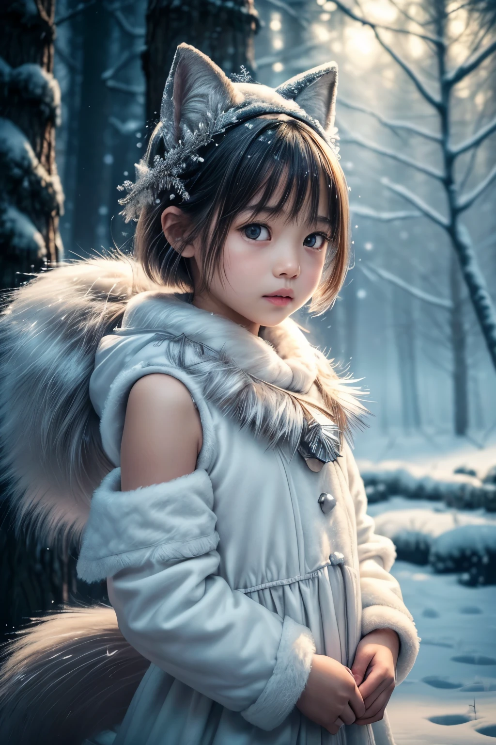 (raw photo:1.2), (photorealistic:1.4), (best quality:1.4), (ultra highres:1.2), (high detail:1.3), (HDR:1.2), (cinematic lighting:1.3), (little girl ), (4 years old), (asian girl), (shoulder length hair), (short hair), eye detail ), (detailed facial features), (fur detail), (snowy background:1.2), cute little fox, standing pose, ( 3/4 body portrait:1.2), (fluffy tail:1.2), (soft fur:1.2) , (adorable:1.2), (looking at the viewer), (innocent expression), (soft lighting), (dreamlike), ( fantasylike:1.3), (ethereal:1.3), (magic:1.2), (dream forest), (snowflake:1.2), (winter wonderland:1.3), (strange:1.2), (playful: 1.2).