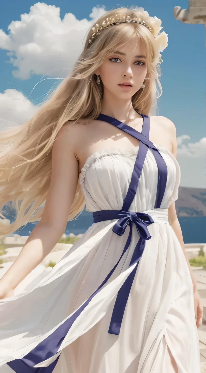 High-resolution, hyper-realistic. Masterpiece, full-body of beautiful woman about 20 years old. 1girl, greek, sligthly side view, slightly looking down, slightly side face, ((big narrowed eyes)), ((pretty beautiful face)), detailed face, delicate face, delicate nose, delicate lips, rose lips, ((perfect lips)), long blonde hair, straight hair, messy hair, ((bangs)), (loose hair)), (pretty thin golden tiara, with small golden leaves), hair blowing in the air. wearing a ((long white dress)), ruffle collar on dress, lilac ribbon tied around the waist, ((perfect hands)), ((well done hands), ((well done fingers)), (((perfect ear))), ((rose petals blowing in the air)), ((greek column, blue sky, grass with flowers background)) Cinematic light.
