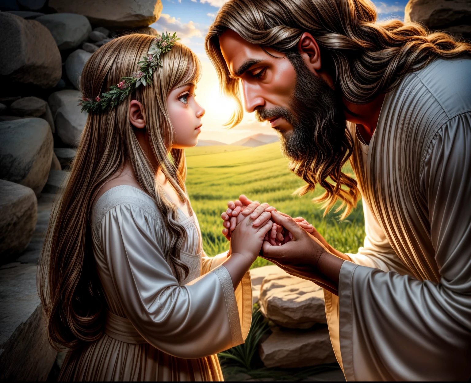 create the image of Jesus, in half profile, holding the hand of a little lady who stands before him. He affectionately holds the little lady's hand, looking into her eyes, expressing compassion in his eyes. don't make background
