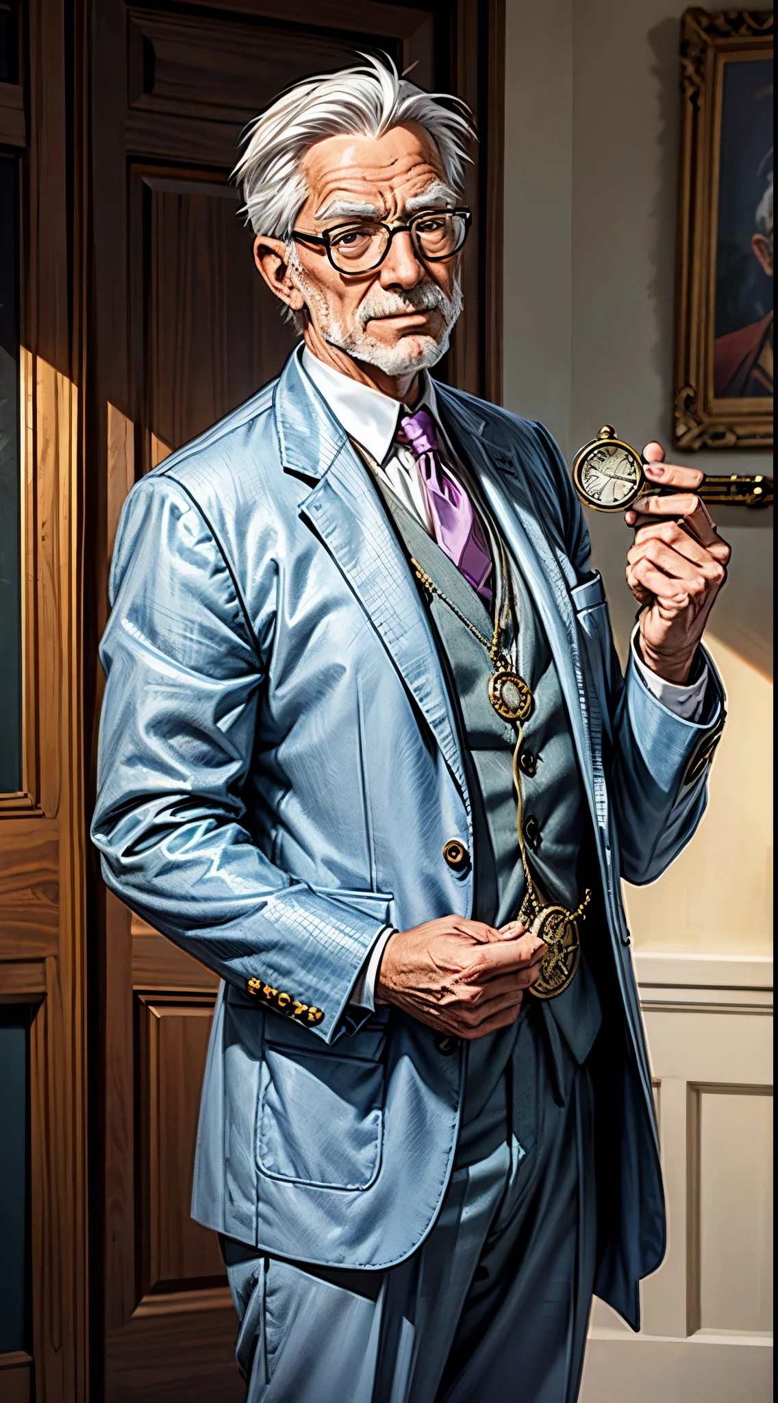 An old man with white hair and glasses is holding a pocket watch showing to camera. He has a suit
