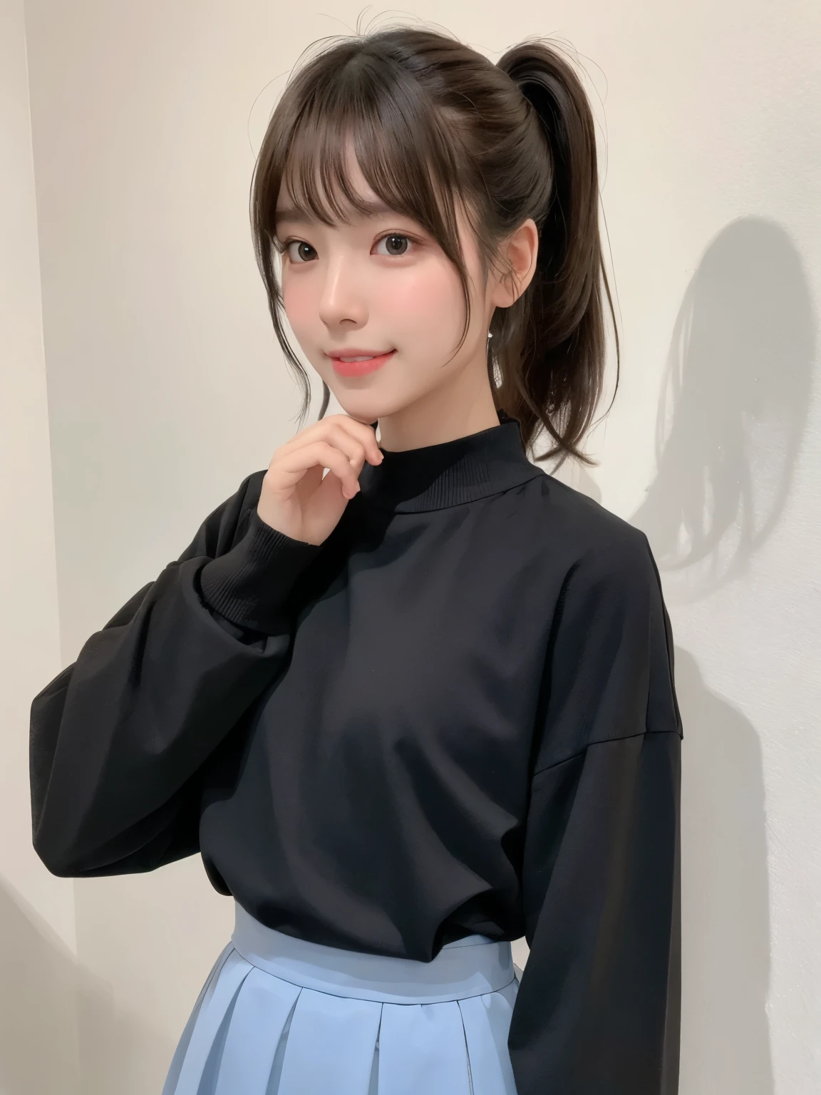 highest quality、8K、ultra high resolution、Super detailed face and eyes、Highly detailed face and skin texture、glowing skin、shiny skin、master piece:1.3、1 girl、super detail face、delicate eyes、double eyelid、whole body、full shot、short ponytail、20-year-old、brown hair、A sloppy smile、An embarrassed face、long sleeve、skirt
