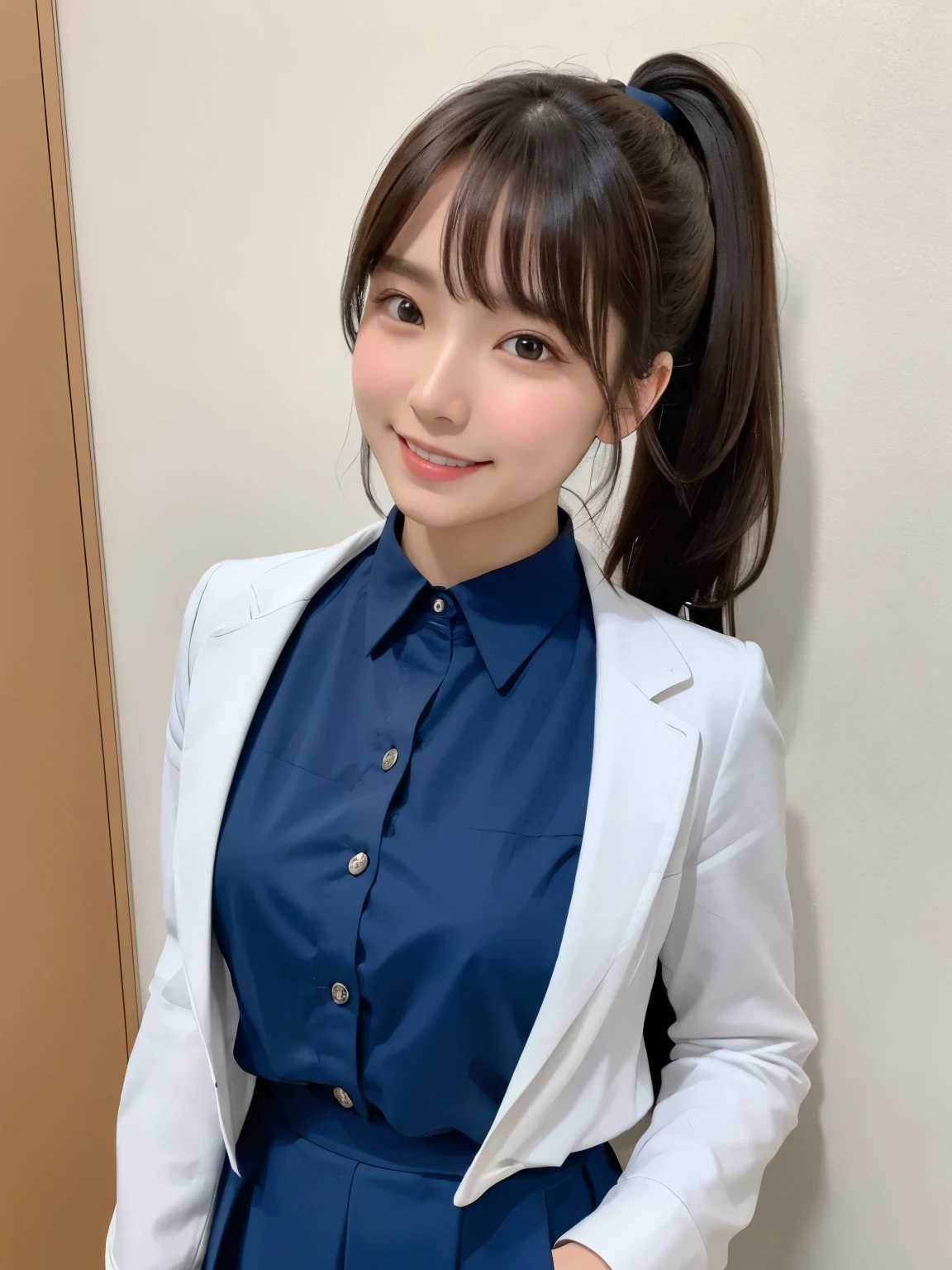 highest quality、8K、ultra high resolution、Super detailed face and eyes、Highly detailed face and skin texture、glowing skin、shiny skin、master piece:1.3、1 girl、super detail face、delicate eyes、double eyelid、whole body、full shot、short ponytail、20-year-old、brown hair、A sloppy smile、smile with teeth showing、long sleeve、skirt