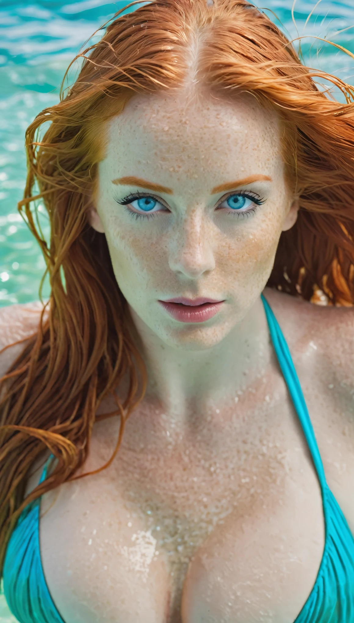 Beautiful young (25 Jahre alte) Frau mit langen, voluminous red hair and blue eyes. Unterwasseraufnahme im flachen Wasser. Sie taucht Unterwasser. She is wearing a bikini. Strukturierte Haut. Underwater shot in turquoise ocean with sandy beach. Strukturierte Haut, Kurven, perfekte Figur, big . Full body shot, fotorealistisch, hyperrealistisch, RAW-Foto, RAW-Stil, schnelle Belichtungszeit, mittlere Blende, mittlere Brennweite.