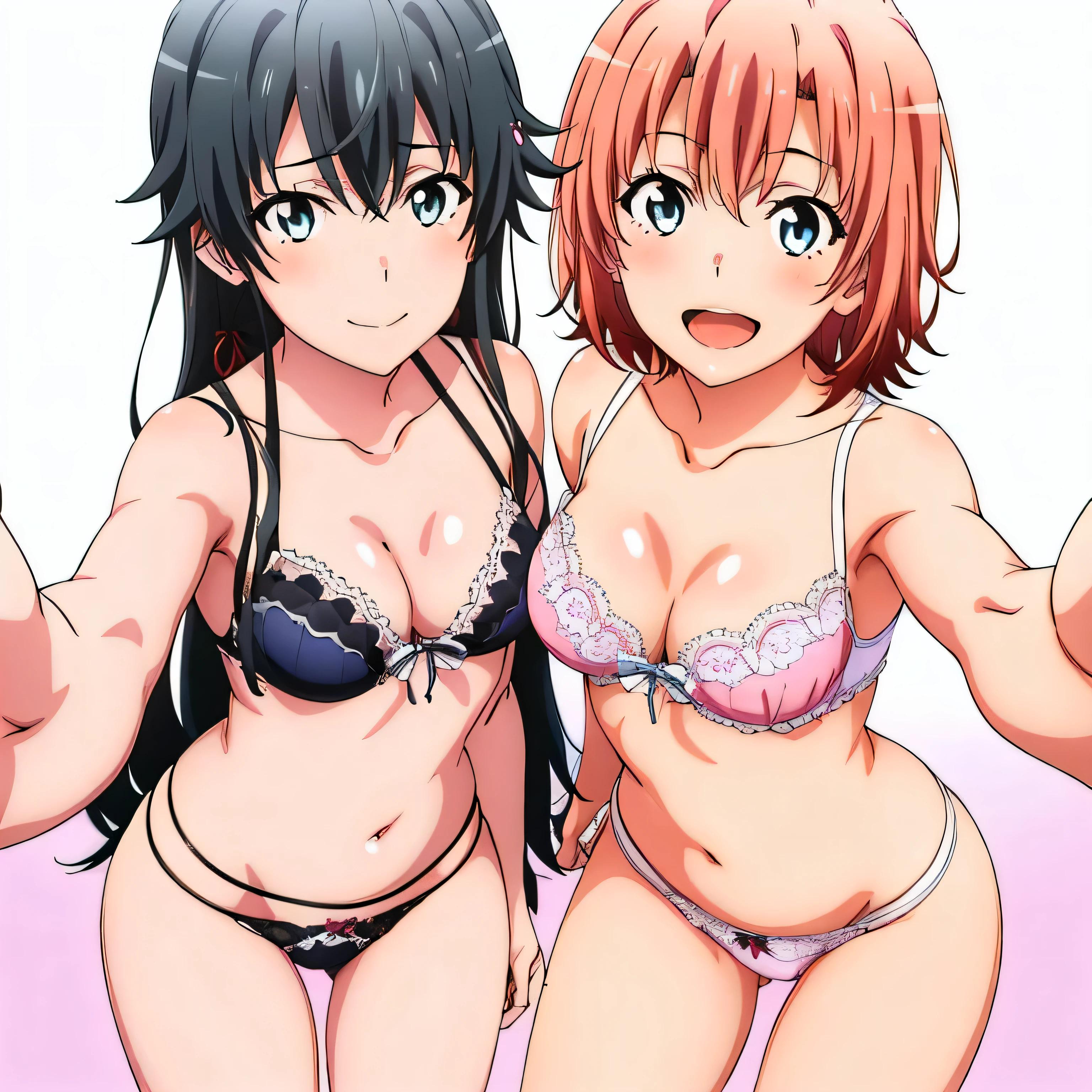 2 girls , Yukinoshita Yukino , yuigahama yui&#39;the bust is amazing,In underwear,(white panties:1.0),(red ribbon on panties),(pink panties),pussy cameltoe,thighs,(high angle:1,0),beautiful eyes,open your mouth,smile,look at the camera,camera up to head