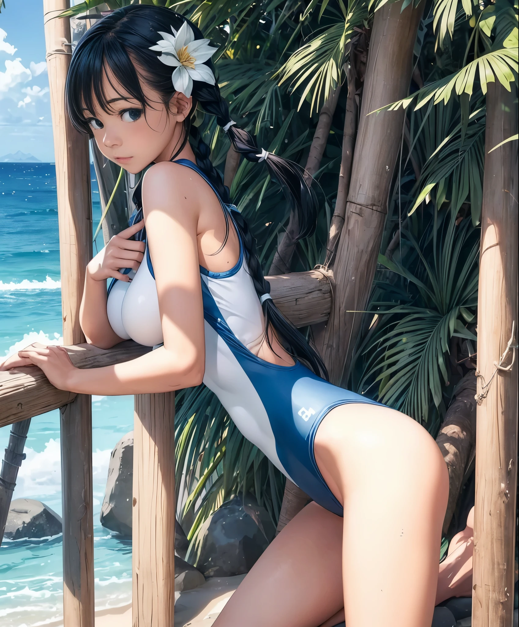 (masterpiece、highest quality、highest quality、official art、beautiful beautiful:1.2)、(1 girl:1.3)Hatsune Miku、twin tails,big breasts,In 8K、超A high resolution、highest quality、table top、(pretty big breasts、big ass:1.35)(Hide your chest and stomach、Deep blue and pearl white high leg swimsuit、asics one piece swimsuit:1.25)、(Stand with your legs wide apart.、stand up、show your armpits:1.2)、long legs、expensive、small face、Beautiful girl high leg competitive swimsuit、beach with palm trees