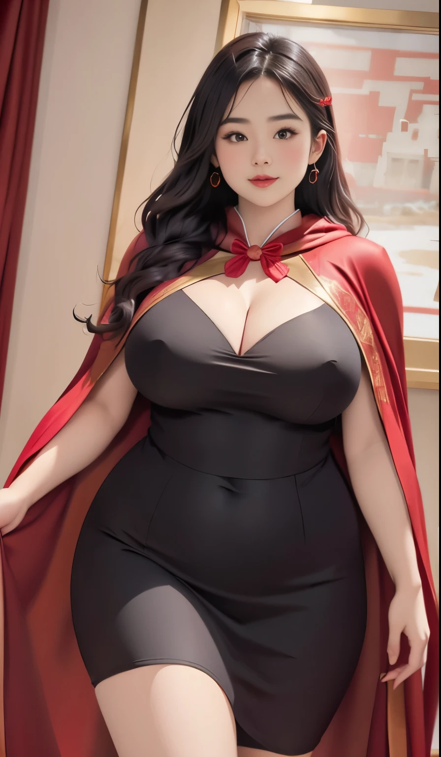 araffe dressed in a red dress and a red cape, dressed in a beautiful red cloak, thicc, bbwchan, mighty plump female sorceress, fully clothed in red robes, giant stunning goddess shot, japanese goddess, bright red cape on her back, oppai, with cape, wearing a red cape, red cape, red cloak, bbwchan. Thigt clothes,