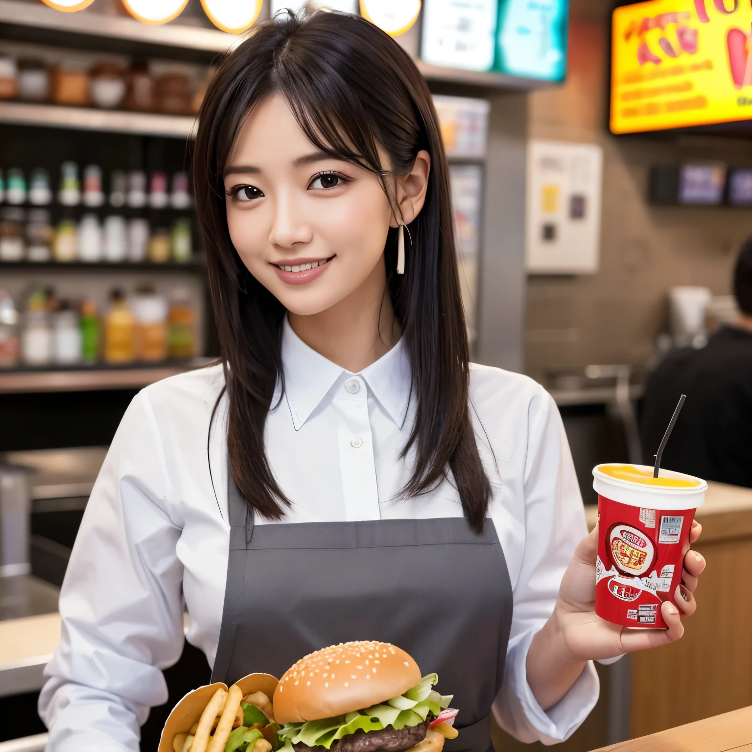 (table top、highest quality、8K、Award-winning work、ultra high resolution)、Beautiful clerk at a hamburger shop、(gray polyester shirt:1.1)、(classy black pants:1.1)、(the most accurate and perfect apron:1.1)、black cap、(big breasts:1.1)、elegant chignon、the best smile looking at me、Please smile and show your beautiful teeth、Most emphasize the body line、The most natural and perfect burger shop background、(everything is perfectly organized、regularly arranged.:1.1)、(Authentic burger that will whet your appetite:1.1)、(Perfect real fries to whet your appetite:1.1)、(Detailed burgers with the most realistic textures:1.1)、(A large number of hamburgers neatly arranged:1.1)、perfectly organized、the most natural burger shop、blurred background、accurate anatomy、ultra high definition hair、ultra high resolutionの完璧な美しい歯、Ultra high definition beauty face、ultra high definition hair、Super high-definition sparkling eyes、輝くultra high resolutionの美肌、ultra high resolutionの艶やかな唇、elegant makeup、(He gracefully holds a tray with burgers and drinks on it..:1.2)