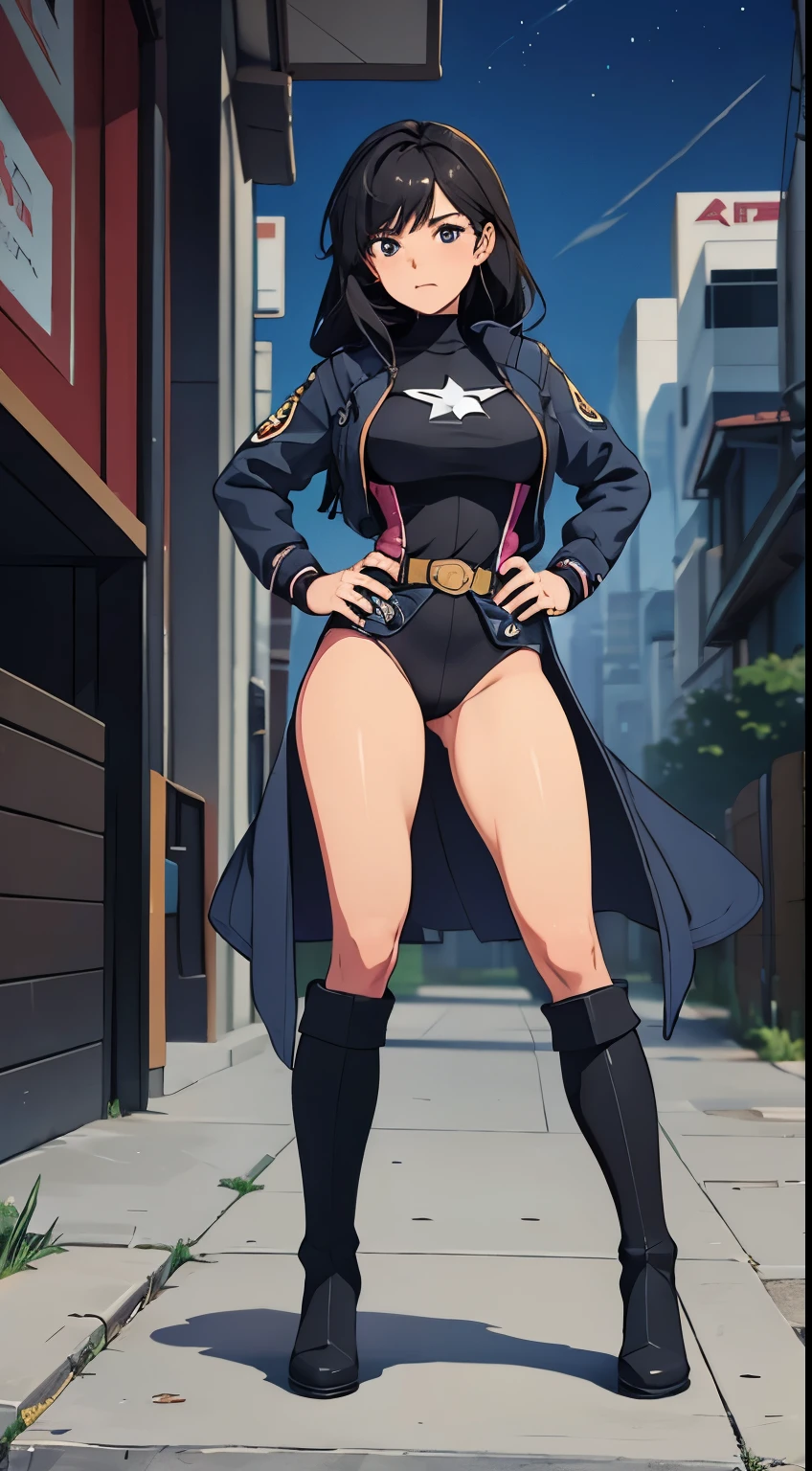 1girl, medium breasts, leotard, bare legs, tight belt, boots, matching boots, gloves, city backdrop, solo, single, hands on hip, standing, full body shot, cowboy shot, superhero, beautiful detailed eyes, mature lady, star symbol on chest, black hair, perfect anatomy