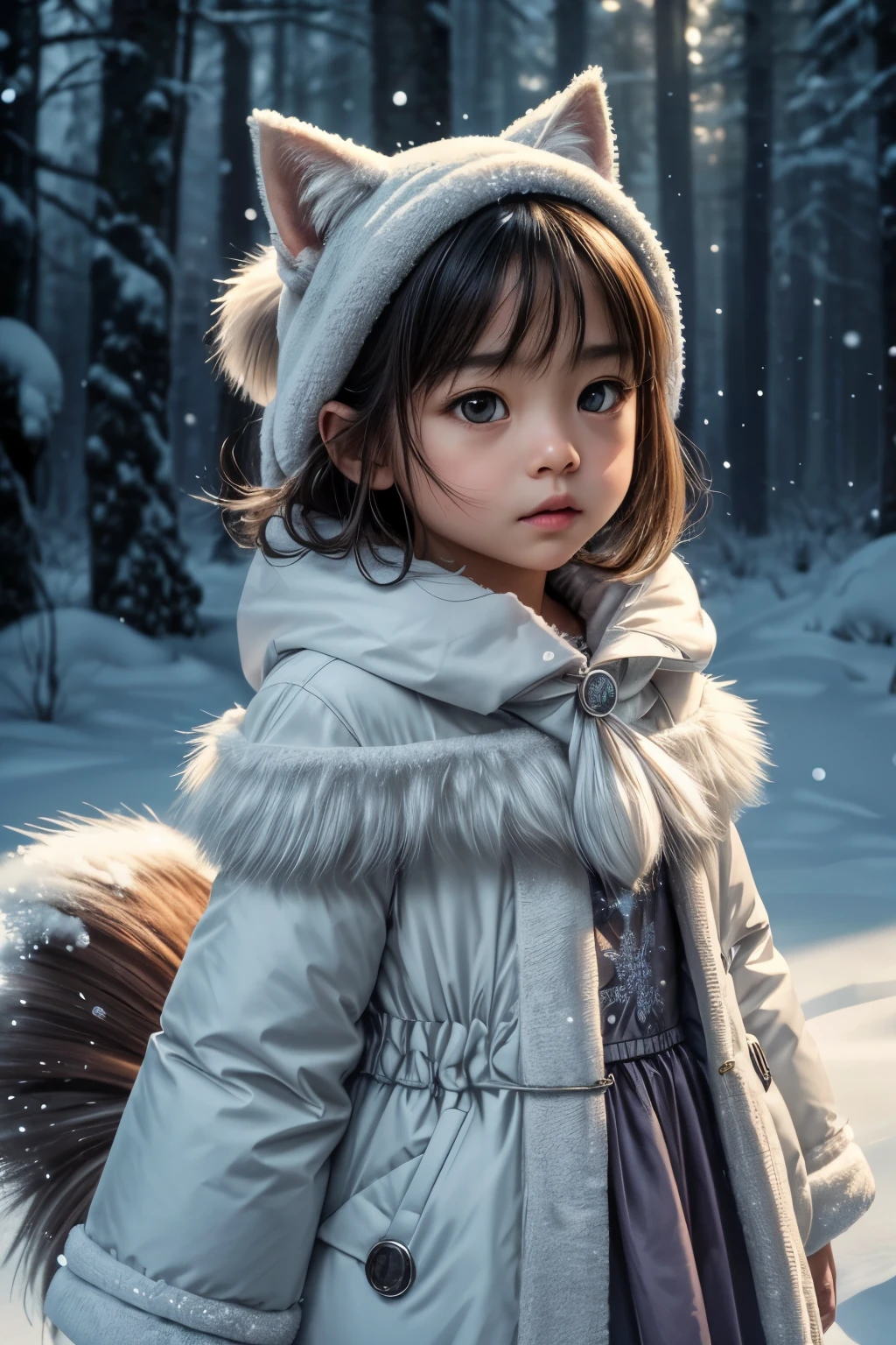 (raw photo:1.2), (photorealistic:1.4), (best quality:1.4), (ultra highres:1.2), (high detail:1.3), (HDR:1.2), (cinematic lighting:1.3), (little girl ), (4 years old), (asian girl), (shoulder length hair), (short hair), eye detail ), (detailed facial features), (fur detail), (snowy background:1.2), cute little fox, standing pose, ( 3/4 body portrait:1.2), (fluffy tail:1.2), (soft fur:1.2) , (adorable:1.2), (looking at the viewer), (innocent expression), (soft lighting), (dreamlike), ( fantasylike:1.3), (ethereal:1.3), (magic:1.2), (dream forest), (snowflake:1.2), (winter wonderland:1.3), (strange:1.2), (playful: 1.2).