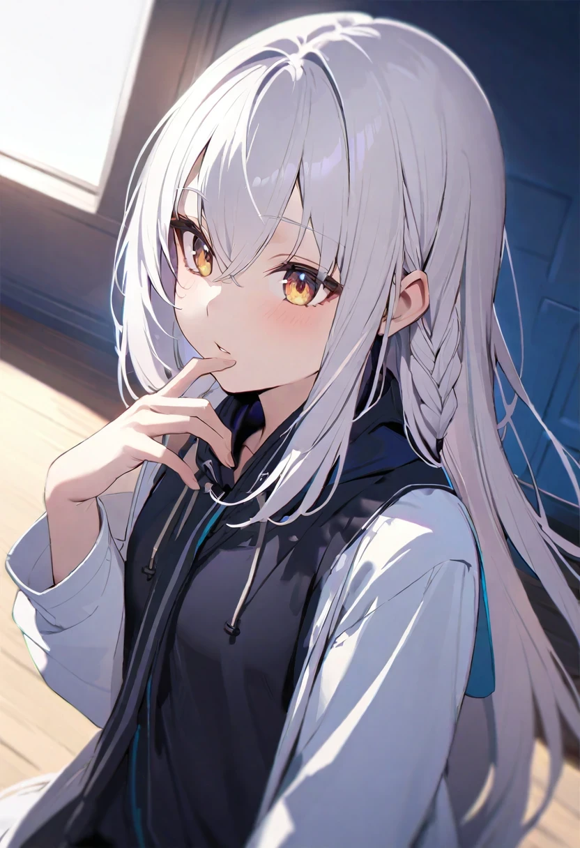 Shirakami Fubuki/(Holo live/), vivid, Delicate skin, high detail, 8K,silver hair、semi long hair,{{{{{{{{ Black Parker Oversized Profile }}}}}}}},Beautiful and delicate golden eyes,thinking,black clothes,