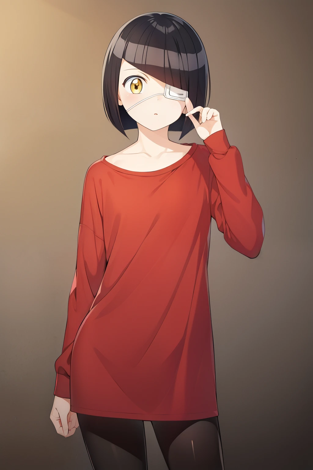 girl, nakanaka_omoharu, short hair, flat chest, golden eyes, eye patch, casual outfit, red shirt, black tights