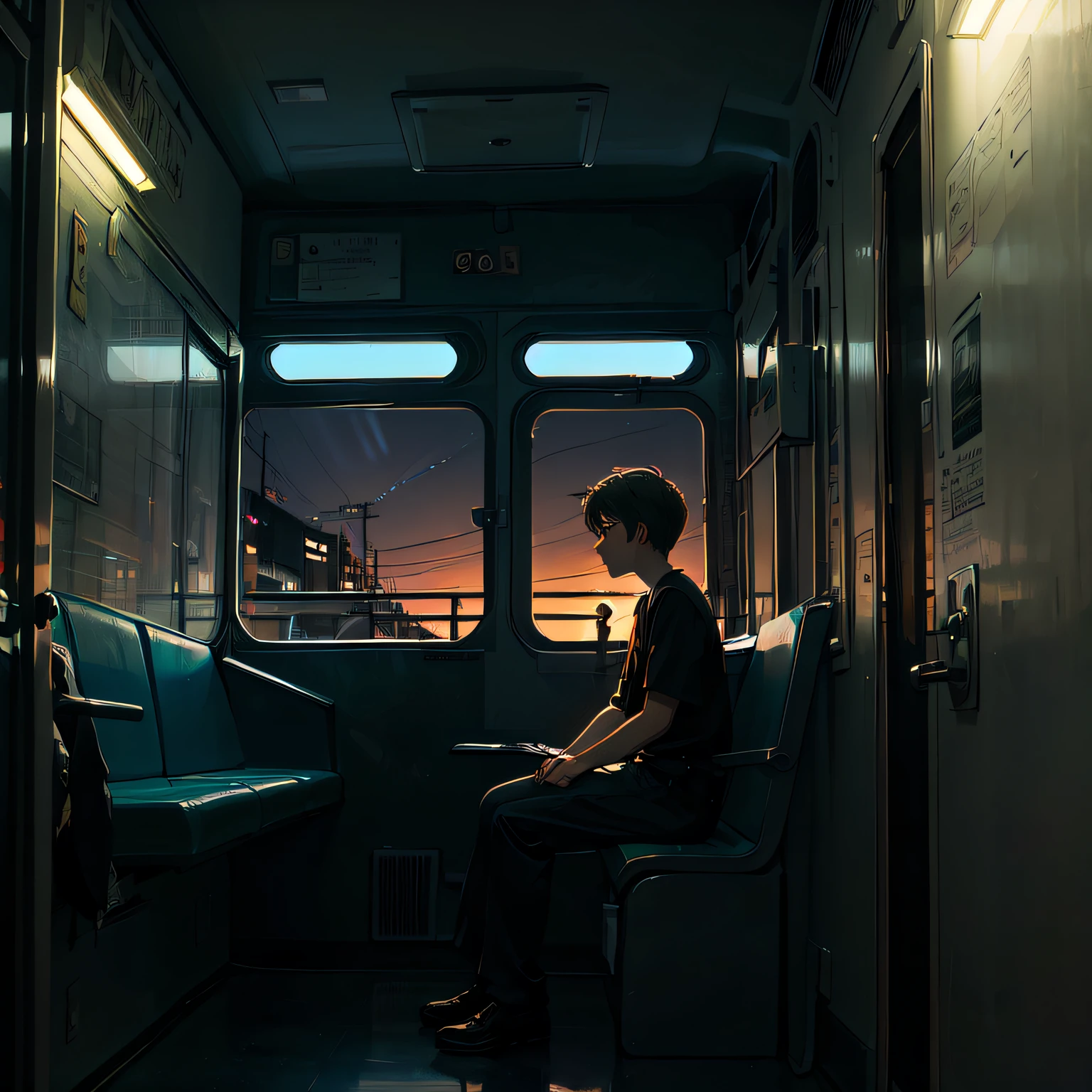 night train window, look into the darkness, sitting in the seat, 1boy