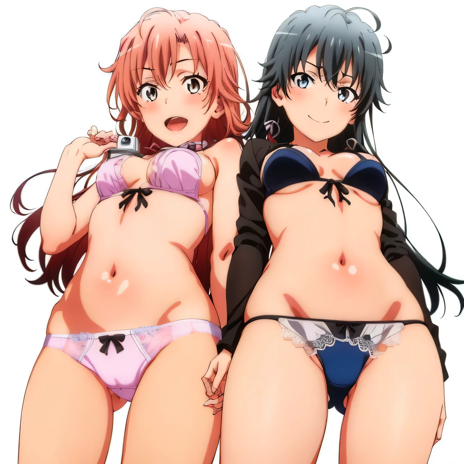 2 girls , Yukinoshita Yukino , yuigahama yui'the bust is amazing,In underwear,(white panties:1.0),(red ribbon on panties),(pink panties),pussy cameltoe,thighs,(high angle:1,0),beautiful eyes,open your mouth,smile,look at the camera,camera up to head