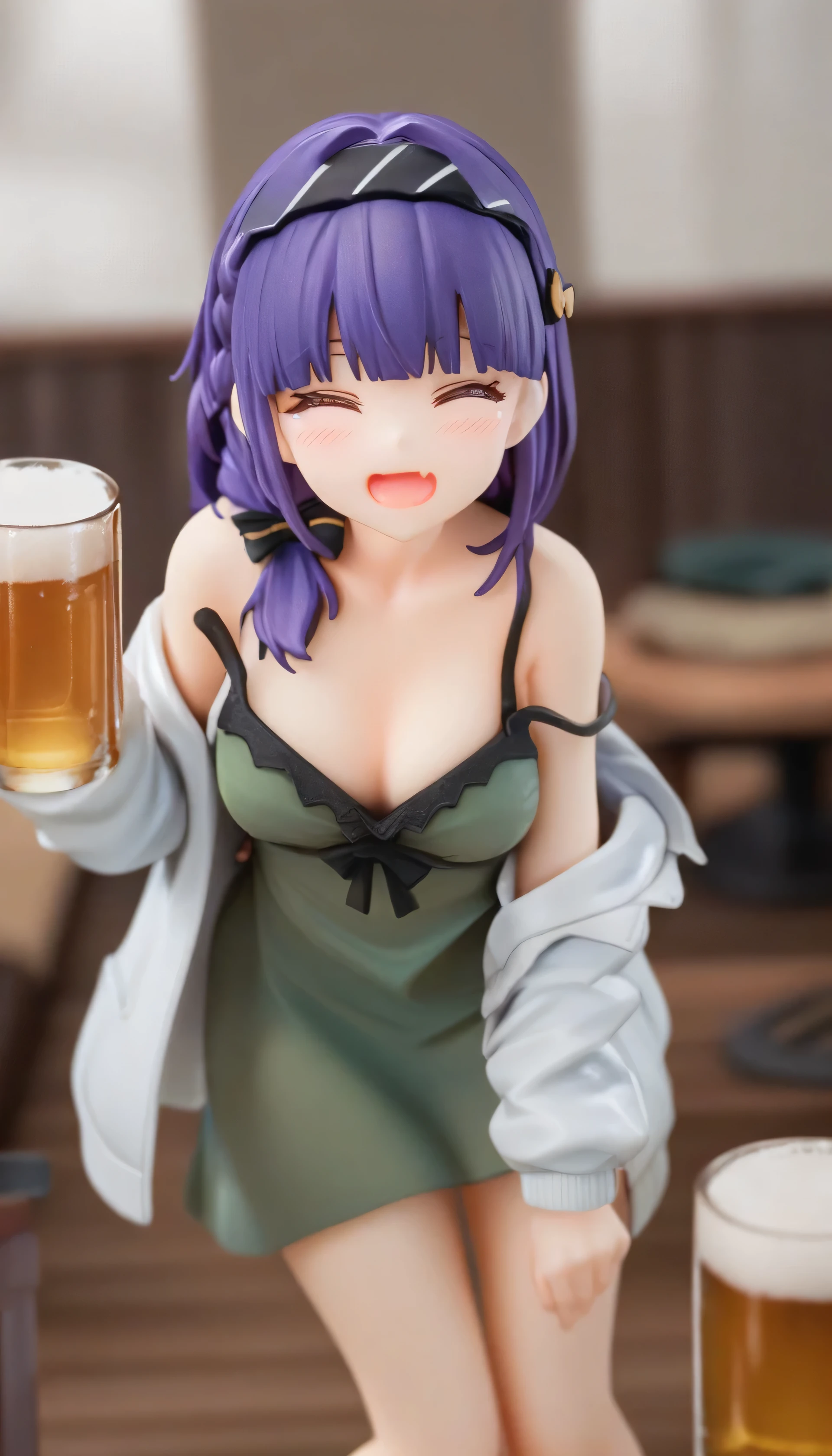 digit,real 1 1 girl,alone,closeD eyes,breast,green Dress,braiD,Jacket,holDing,direction,Alcohol,Smile,white Jacket,beer,purple hair,Bangs,long hair,Dress,open Jacket,blush,cup,open mouth,Open your clothes,off shoulDer,single braiD,:D,skin direction,hair bow,blunt Bangs,holDing cup,Belt slipping,long sleeve,small breast,split,bow,mug,inDoors,clavicle,bare shoulDers,^_^,black bow,hair over shoulDer,Drunk,spaghetti straps,two-tone Jacket,sleeveless,Facing the audience,beer mug,Cowboy shooting,hair intake,best quality,ultra DetaileD,actual,shining_skin,
