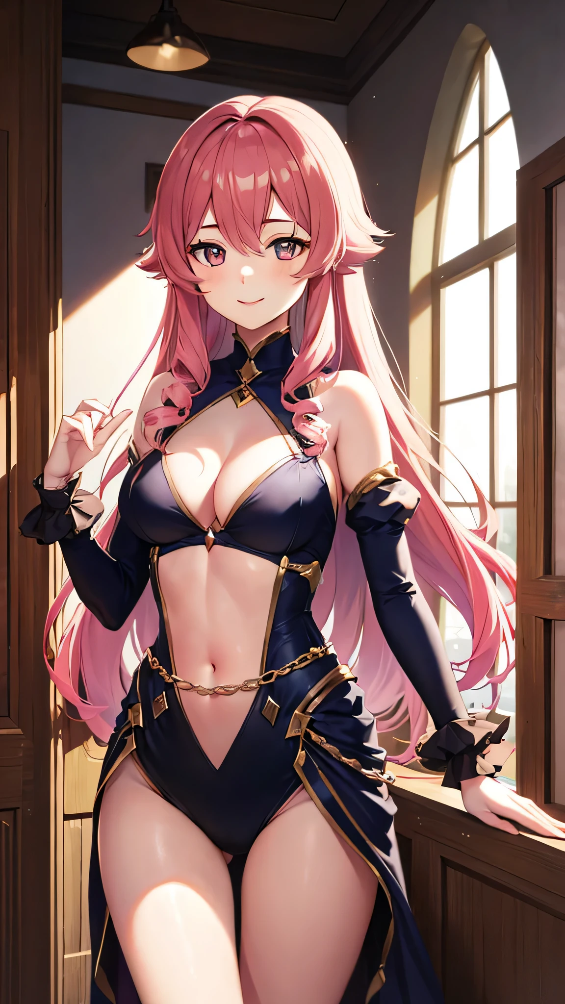 Girl with pink hair,reflective skin,princess clothing, revealing clothing,long hair,smiling,window in the background,official art, (breasts)