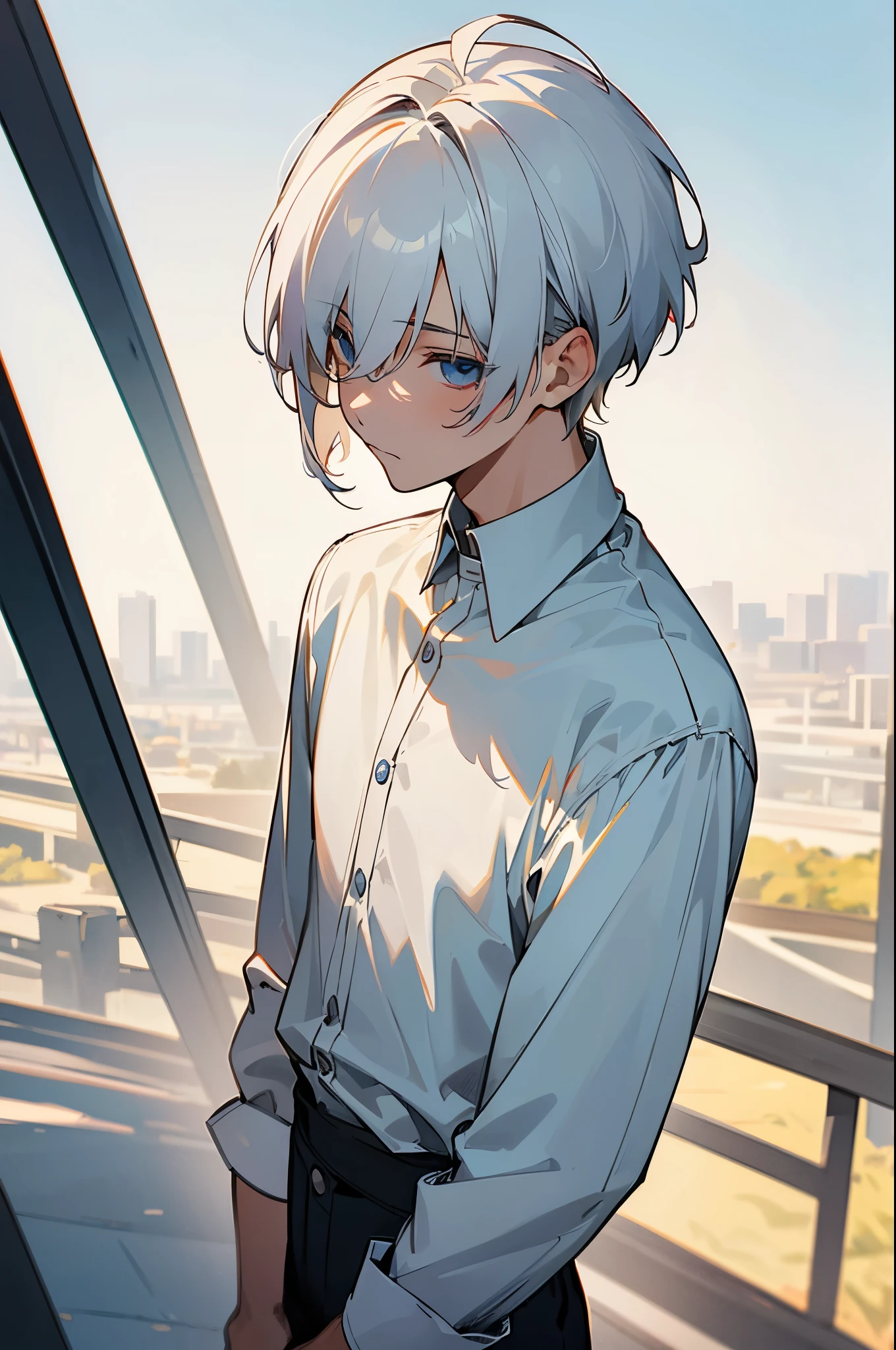 best quality, more details, masterpiece, Describe a teenage Adult male, 20 years old, white hair with mash cut hairstyles dressing white shirt, stand alone outdoor, 4k